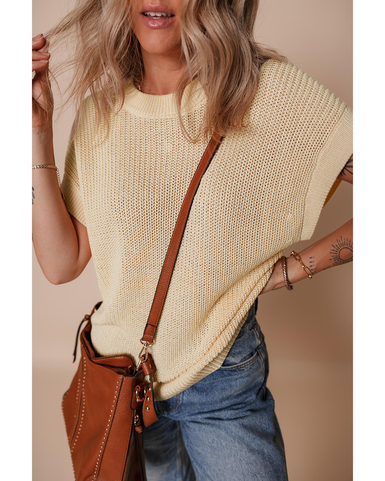Oatmeal Solid Color Batwing Short Sleeve Round Neck Knit T Shirt - XL