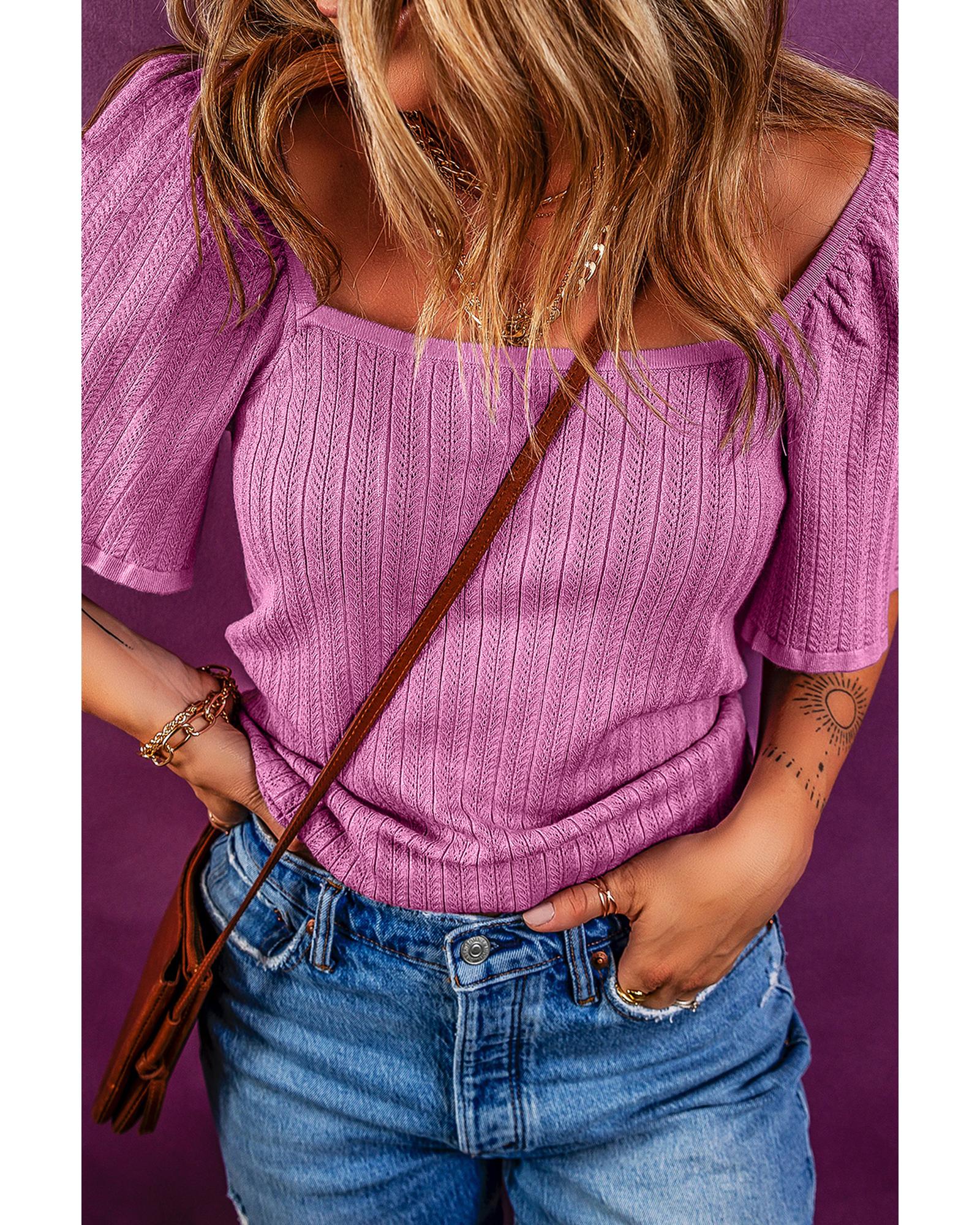 Phalaenopsis Textured Square Neck Half Sleeve Knitted Top - M