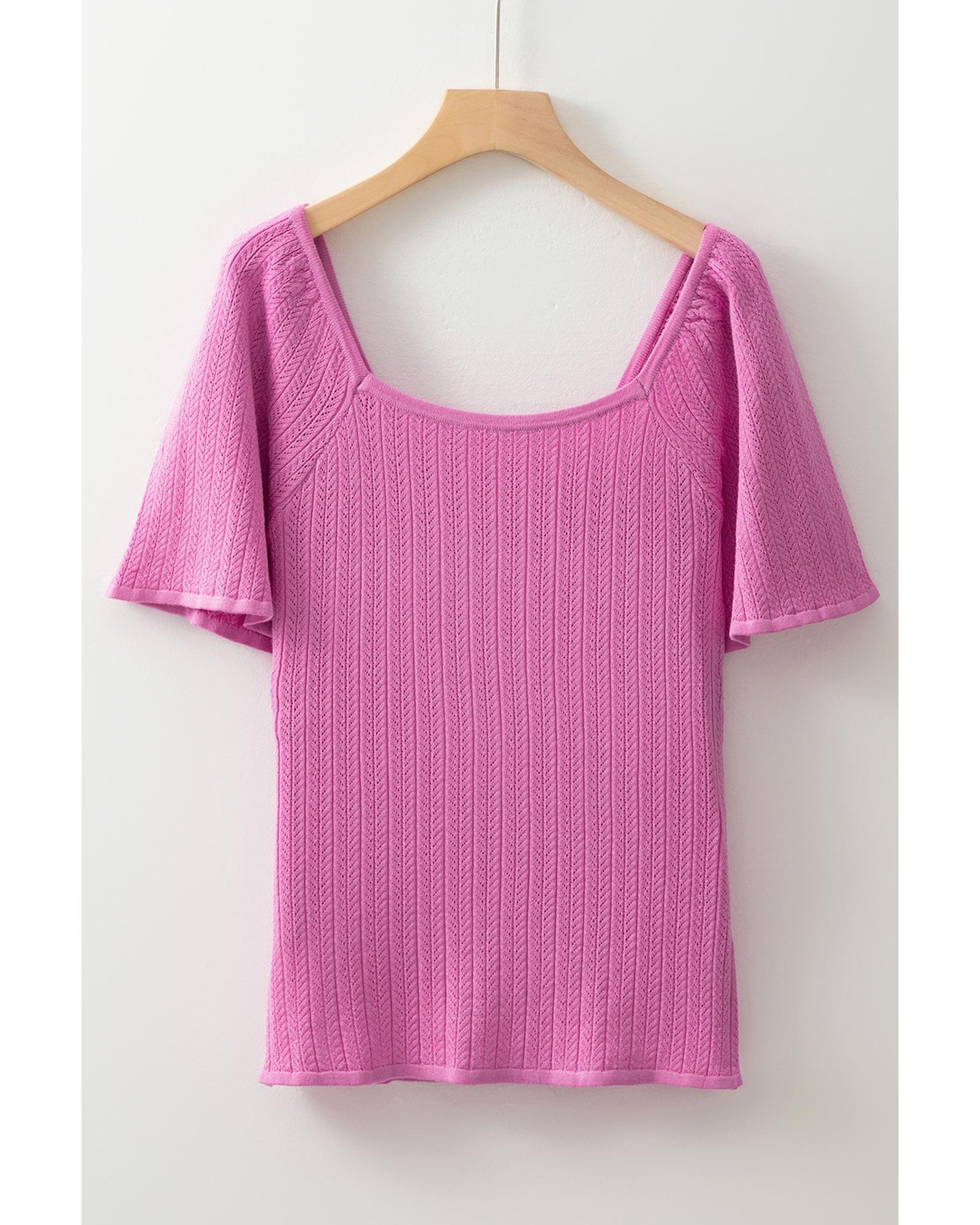 Phalaenopsis Textured Square Neck Half Sleeve Knitted Top - M
