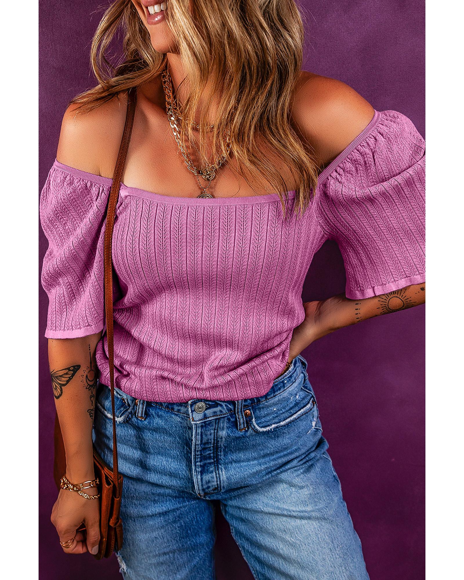 Phalaenopsis Textured Square Neck Half Sleeve Knitted Top - XL