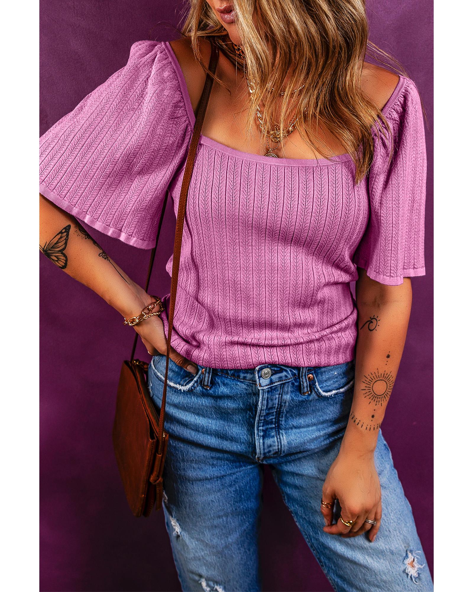 Phalaenopsis Textured Square Neck Half Sleeve Knitted Top - XL