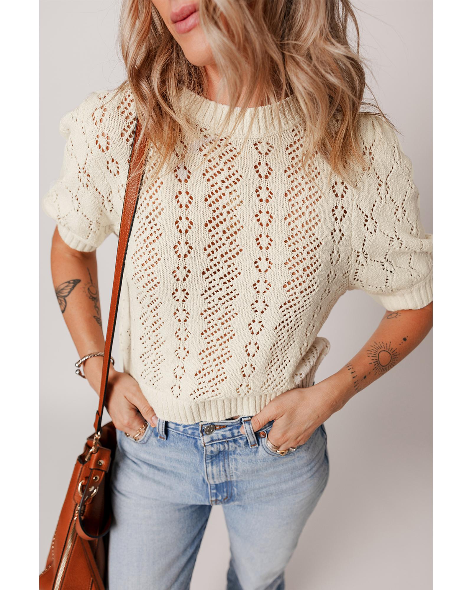 Beige Hollowed Pattern Knit Short Puff Sleeve Sweater - M