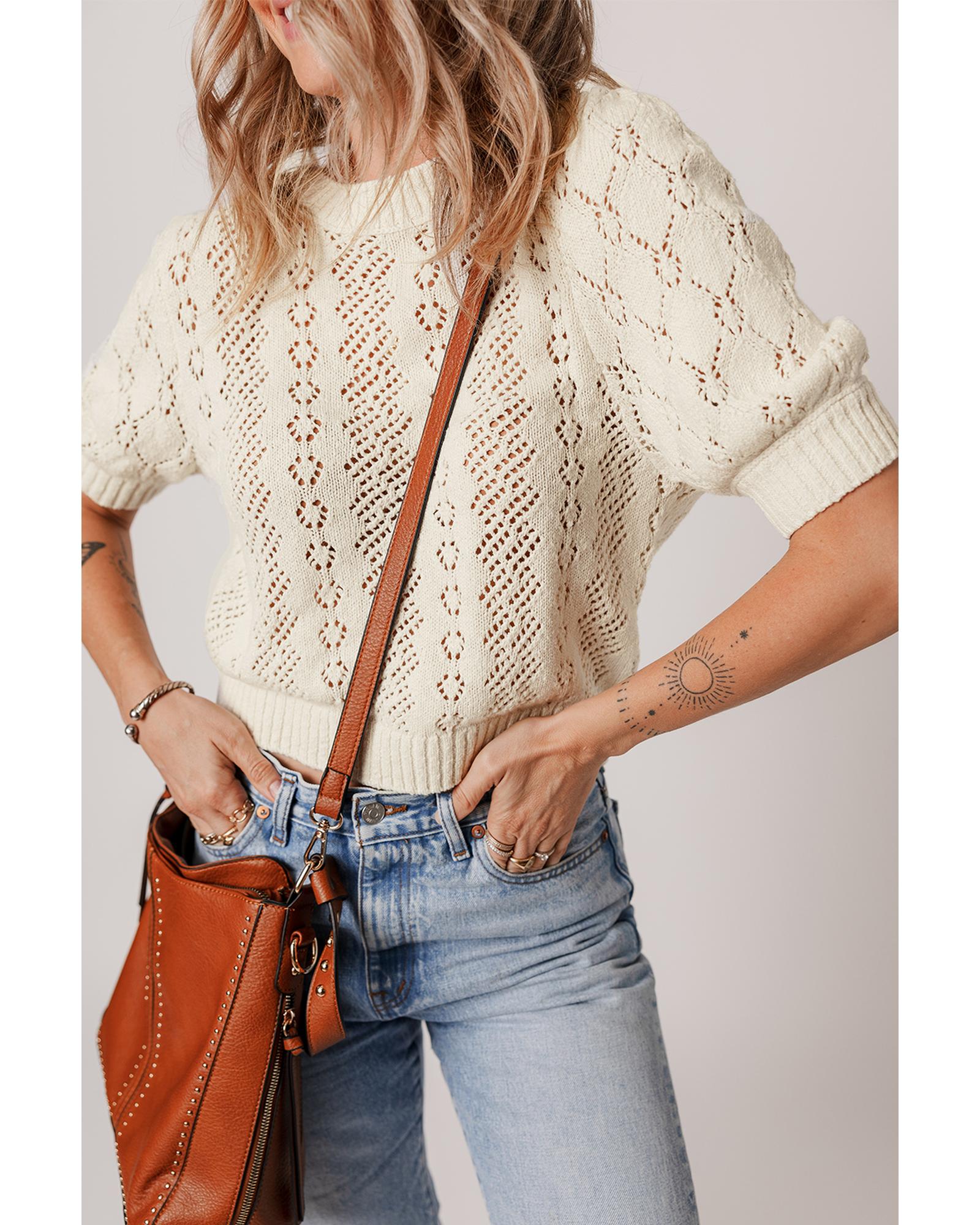 Beige Hollowed Pattern Knit Short Puff Sleeve Sweater - M