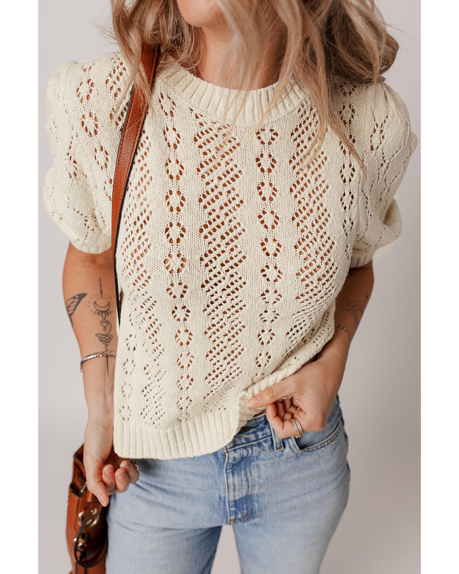 Beige Hollowed Pattern Knit Short Puff Sleeve Sweater - M