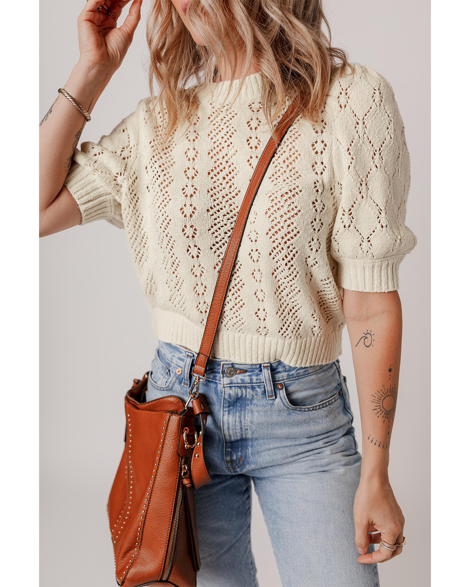 Beige Hollowed Pattern Knit Short Puff Sleeve Sweater - M