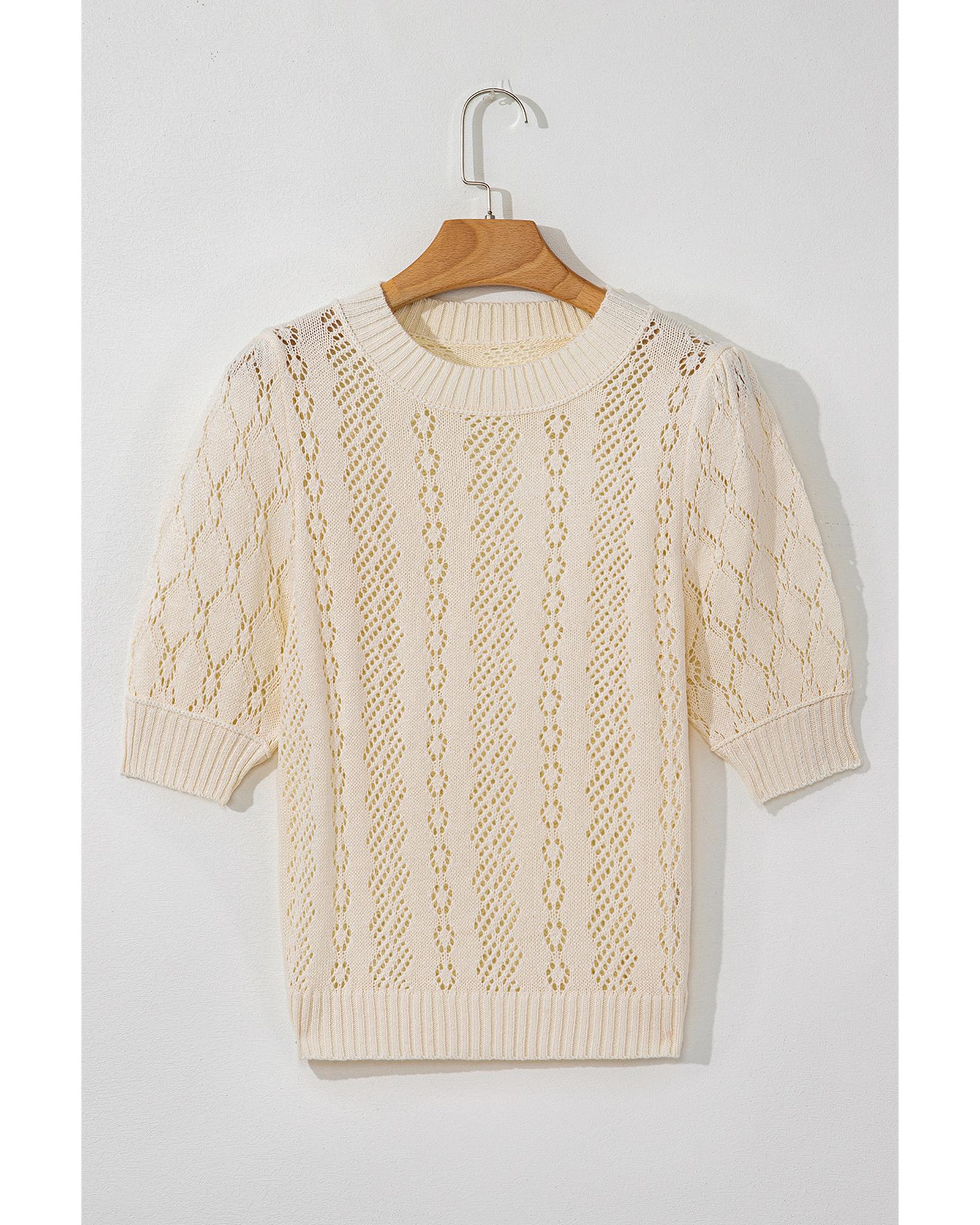 Beige Hollowed Pattern Knit Short Puff Sleeve Sweater - M