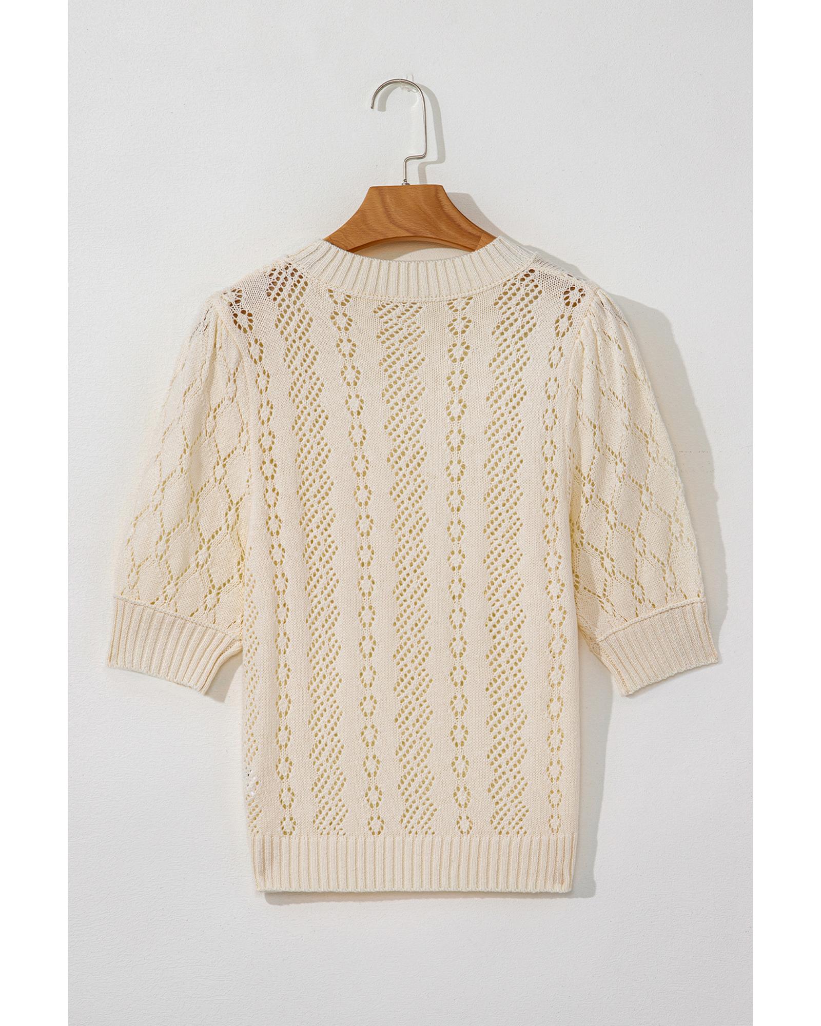 Beige Hollowed Pattern Knit Short Puff Sleeve Sweater - M