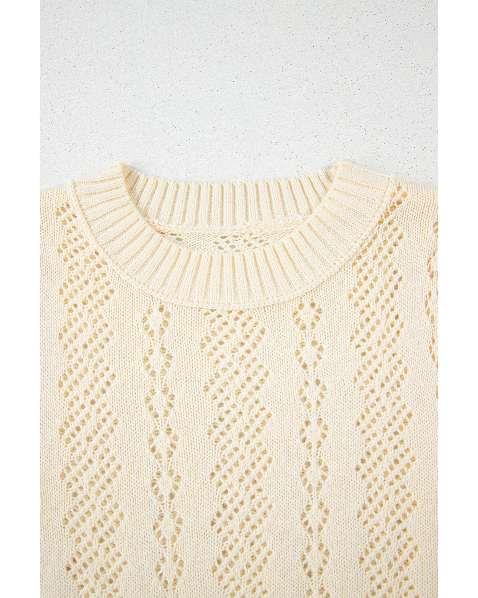 Beige Hollowed Pattern Knit Short Puff Sleeve Sweater - M