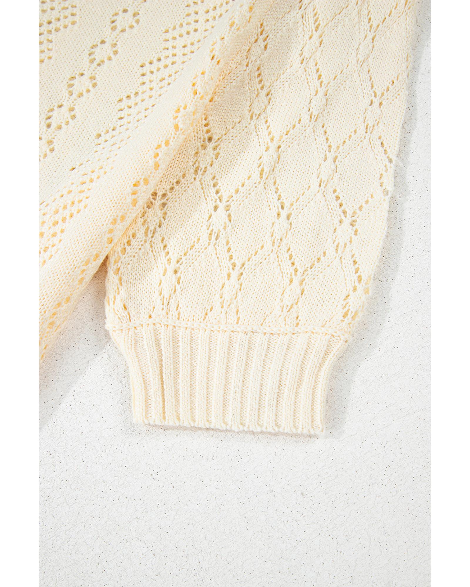 Beige Hollowed Pattern Knit Short Puff Sleeve Sweater - M