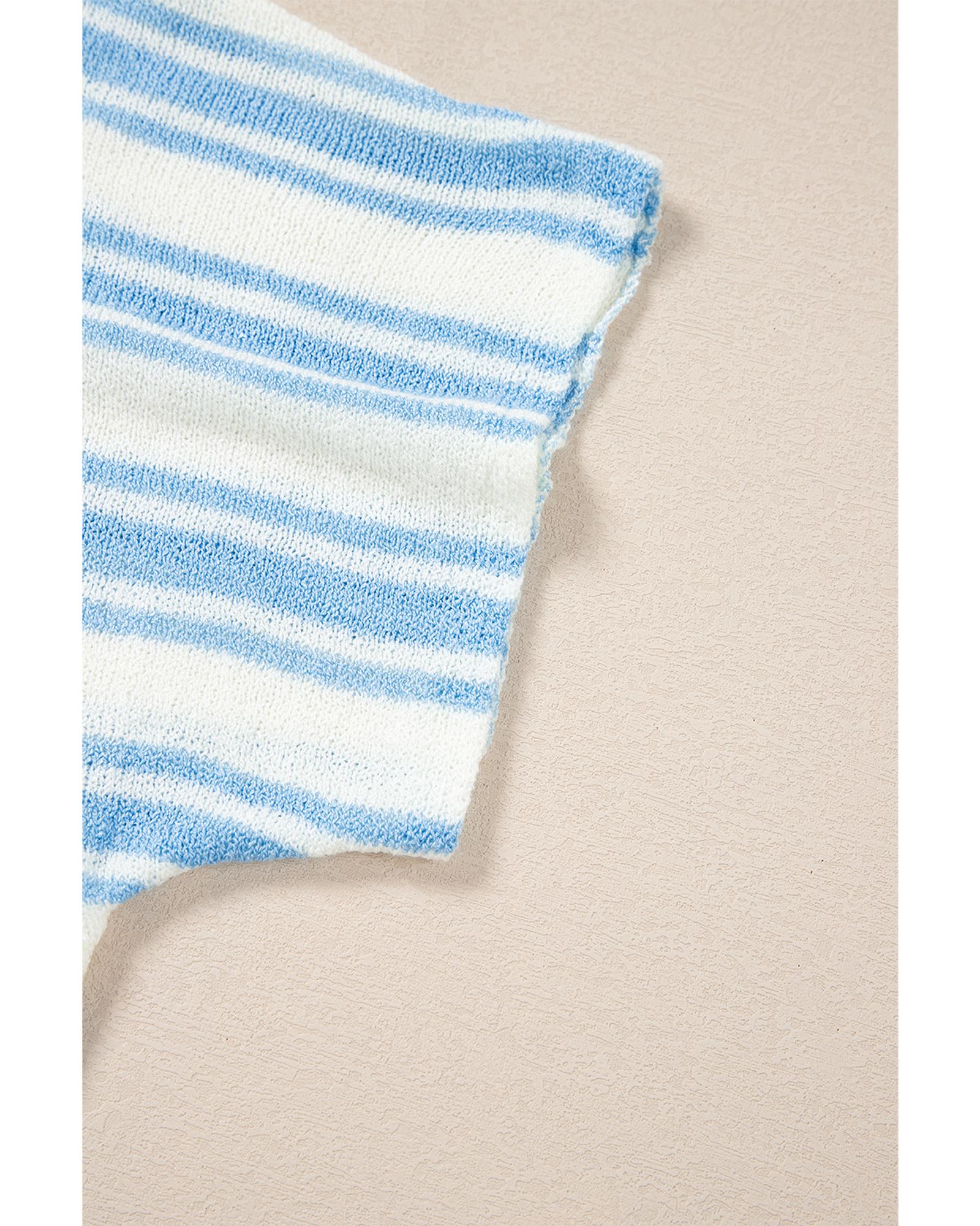 Sky Blue Stripe Boxy Fit Wide Sleeve Sweater T Shirt - L