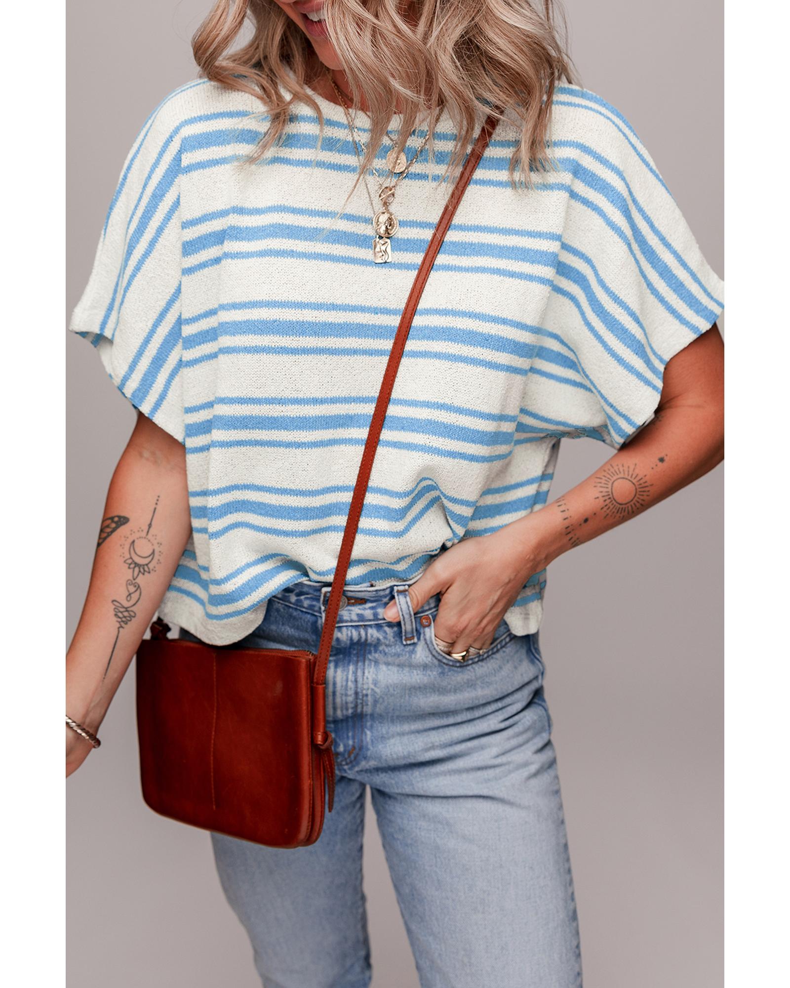 Sky Blue Stripe Boxy Fit Wide Sleeve Sweater T Shirt - XL
