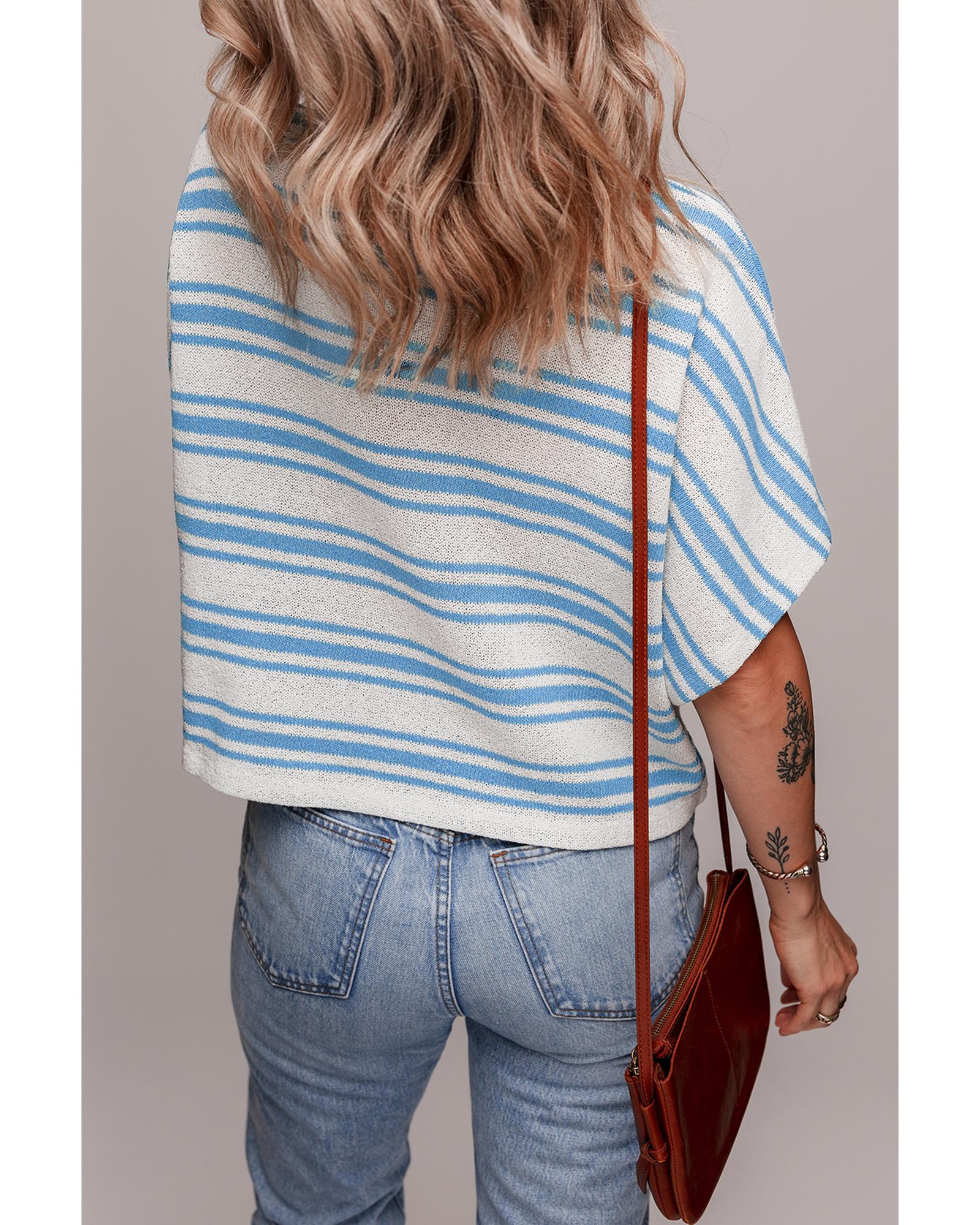 Sky Blue Stripe Boxy Fit Wide Sleeve Sweater T Shirt - XL