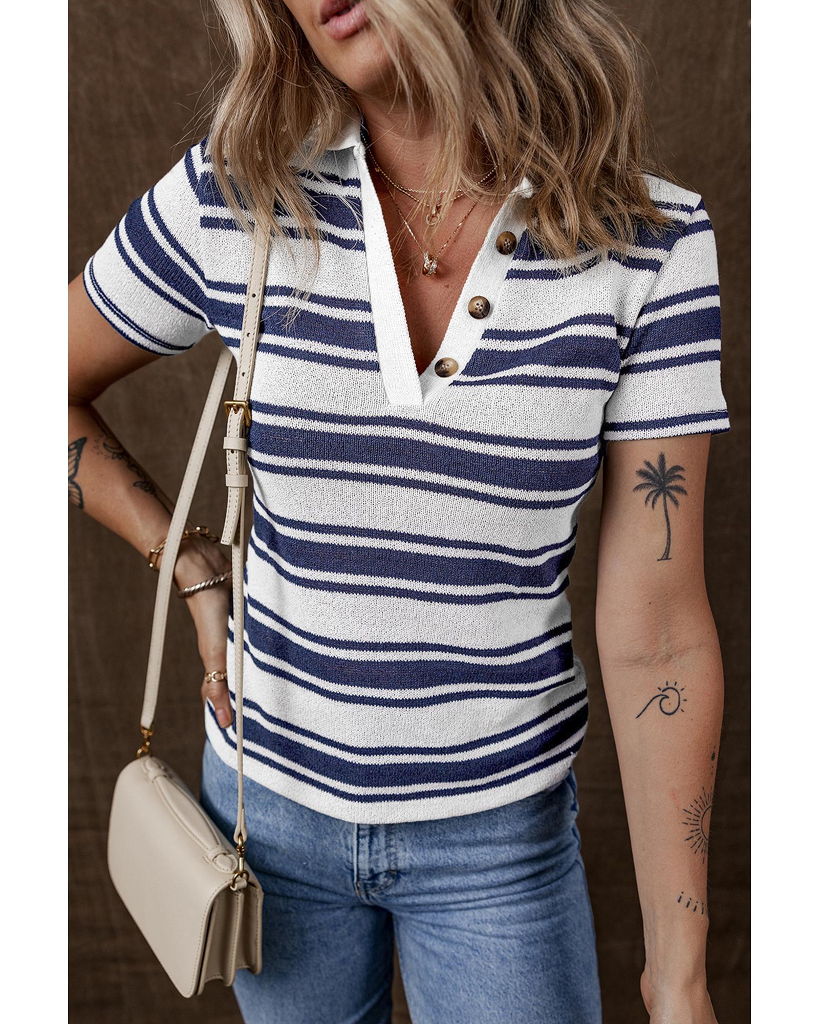 Dark Blue Stripe Collared Button V Neck Knitted T Shirt - L