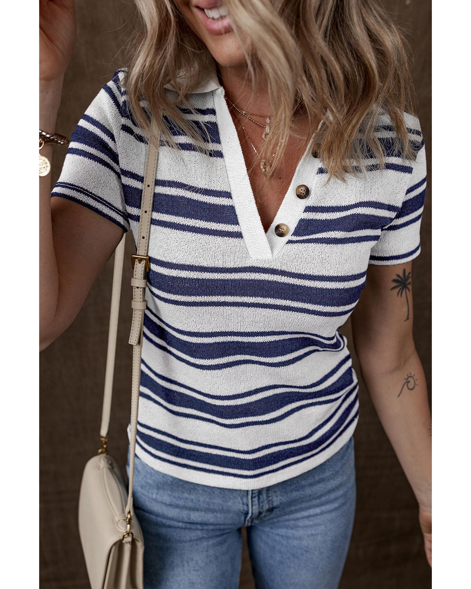 Dark Blue Stripe Collared Button V Neck Knitted T Shirt - L