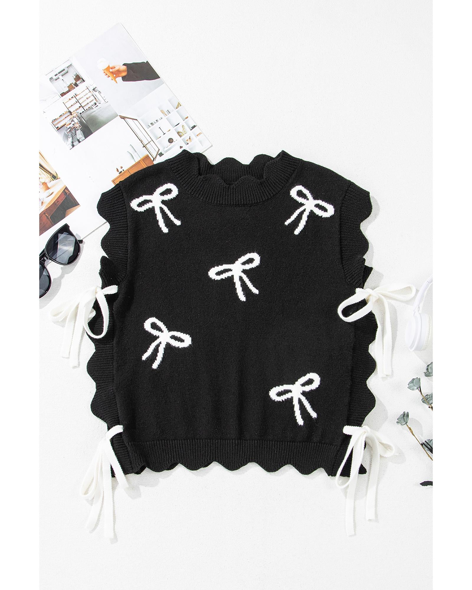 Black Bow Print Side Ties Scalloped Hem Sweater T Shirt - L