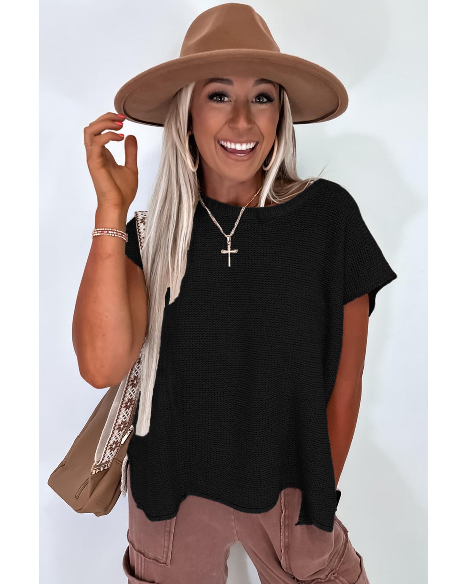 Black Solid Color Sweater Tee with Side Slits - M