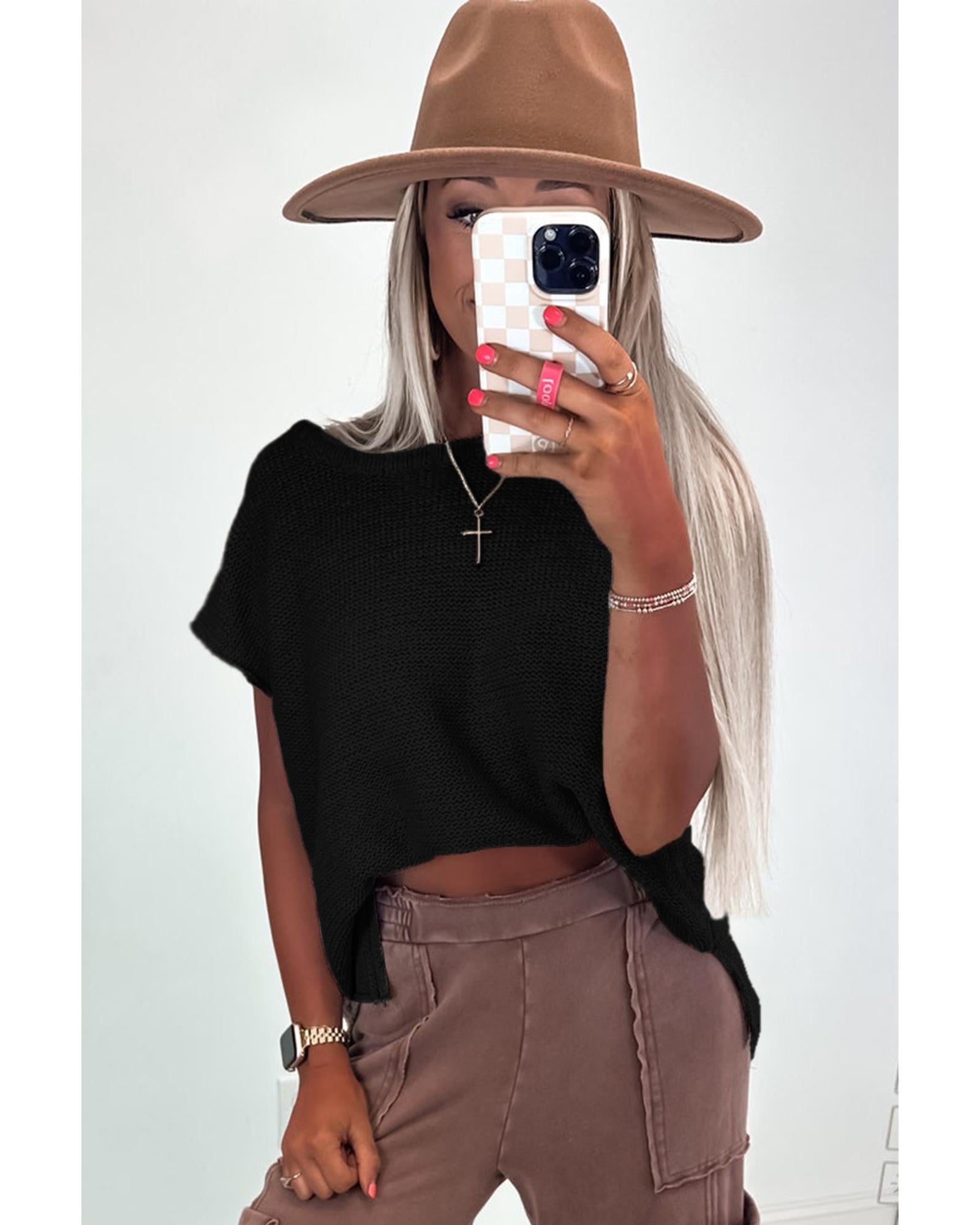 Black Solid Color Sweater Tee with Side Slits - M