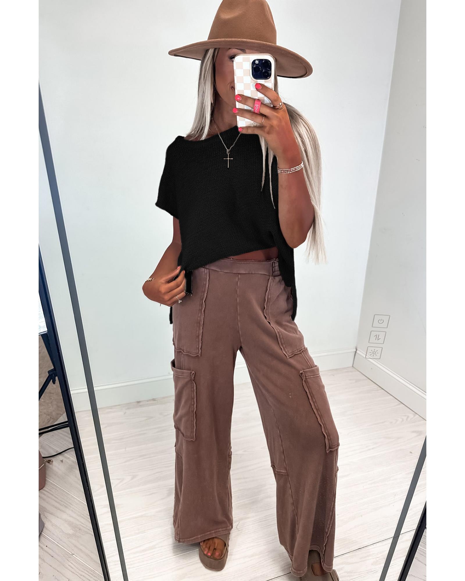 Black Solid Color Sweater Tee with Side Slits - M