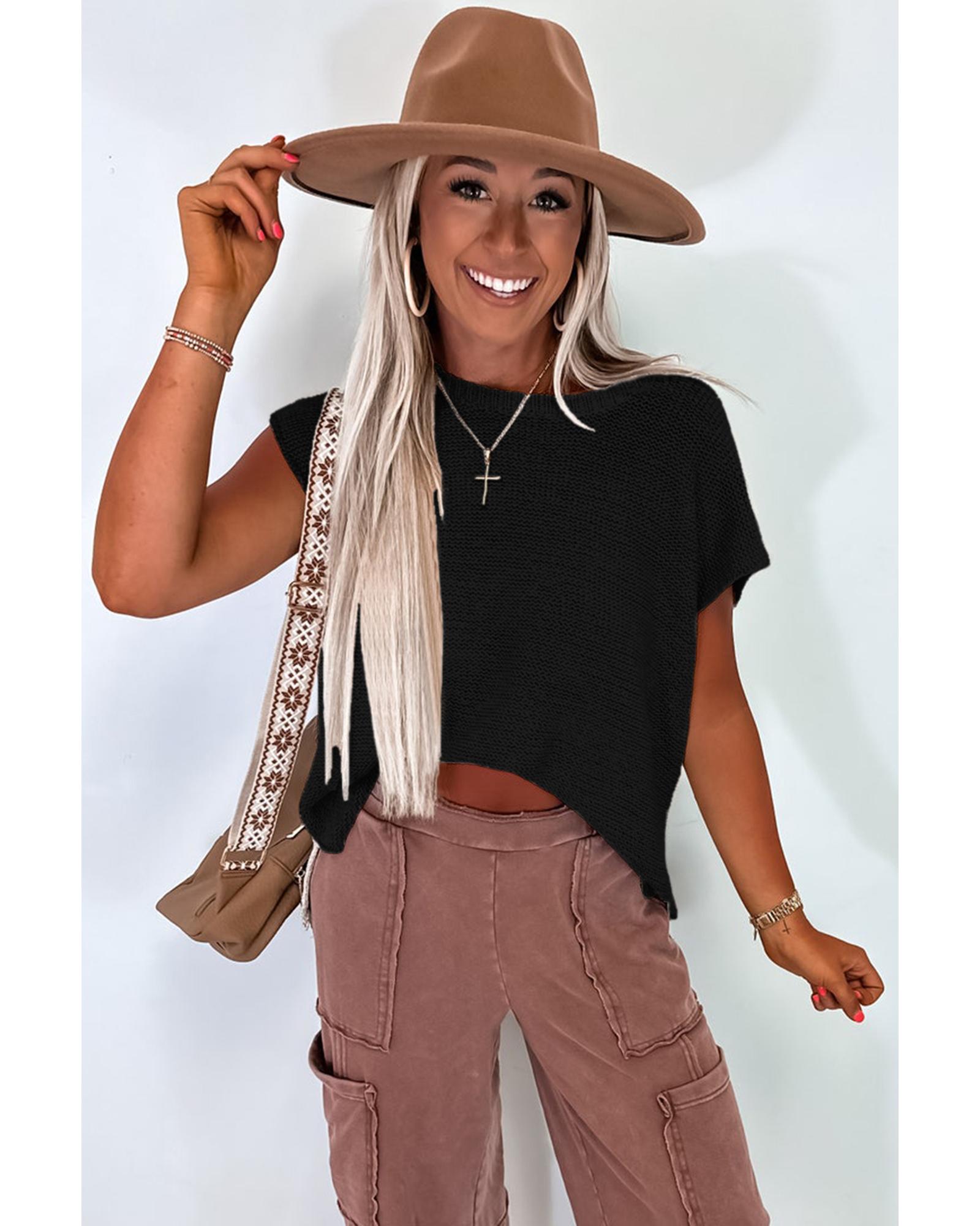 Black Solid Color Sweater Tee with Side Slits - M