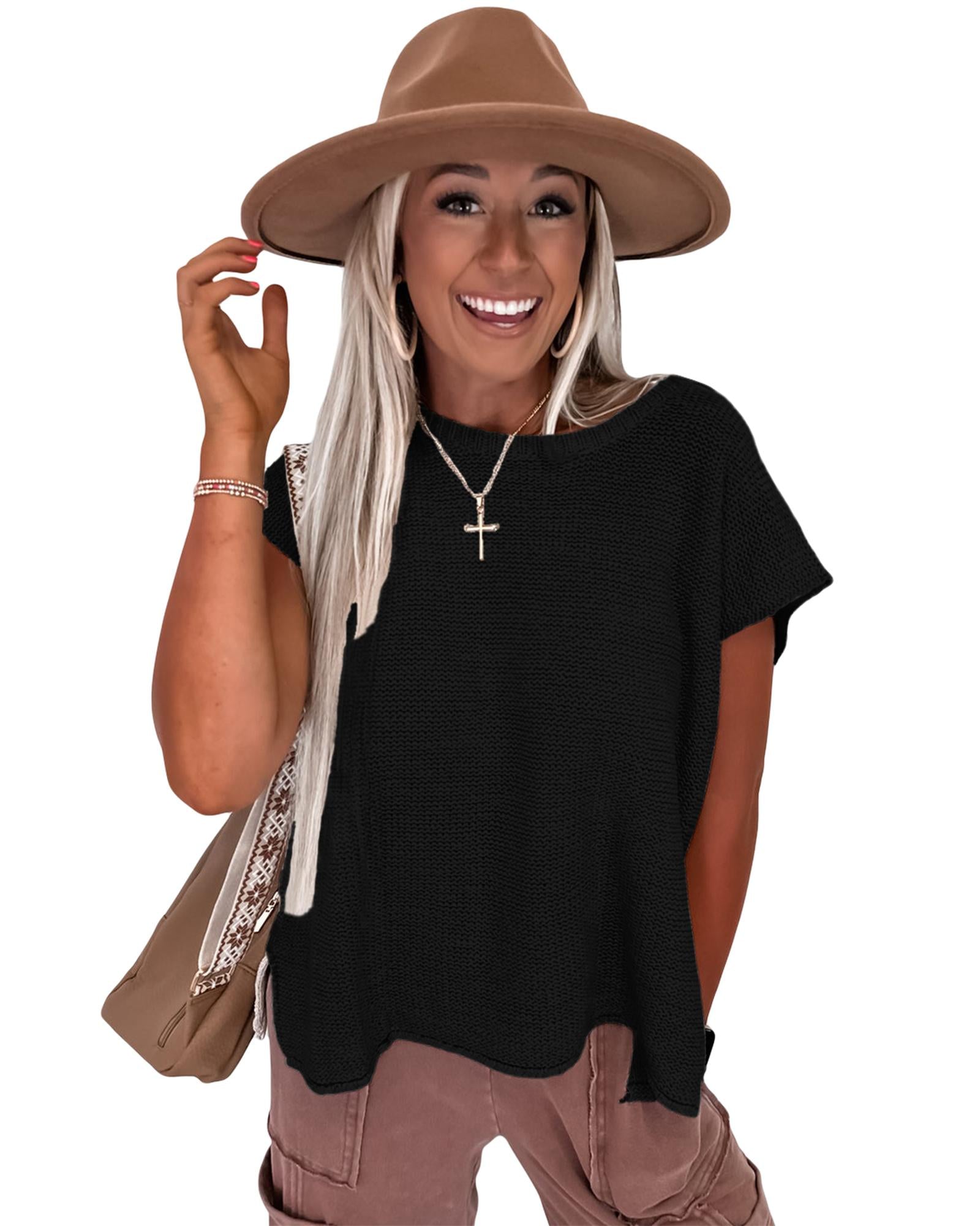 Black Solid Color Sweater Tee with Side Slits - M