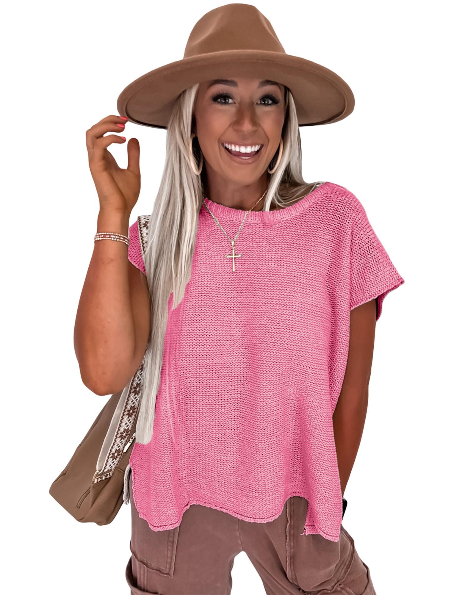Sachet Pink Solid Color Sweater Tee with Side Slits - L