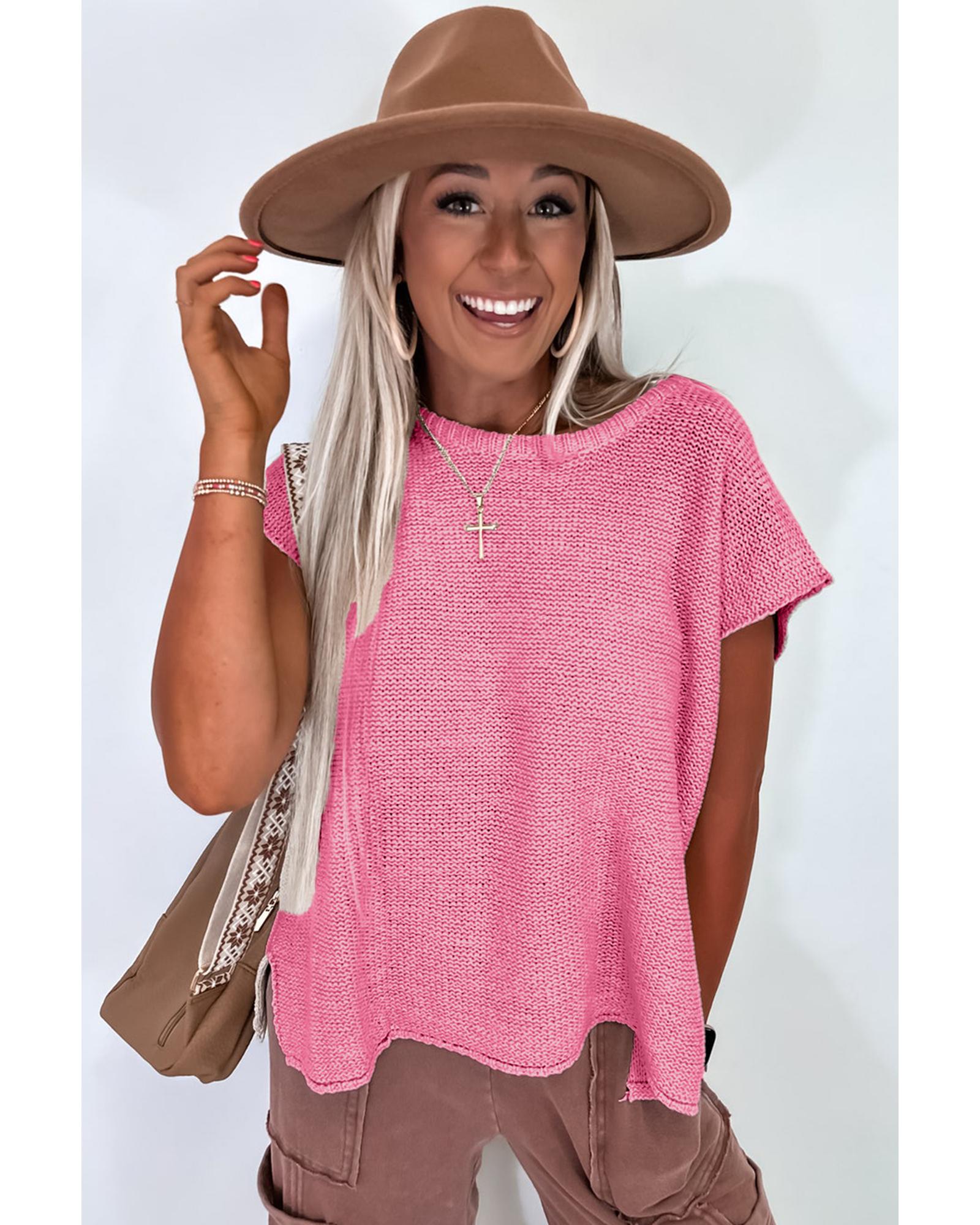Sachet Pink Solid Color Sweater Tee with Side Slits - M