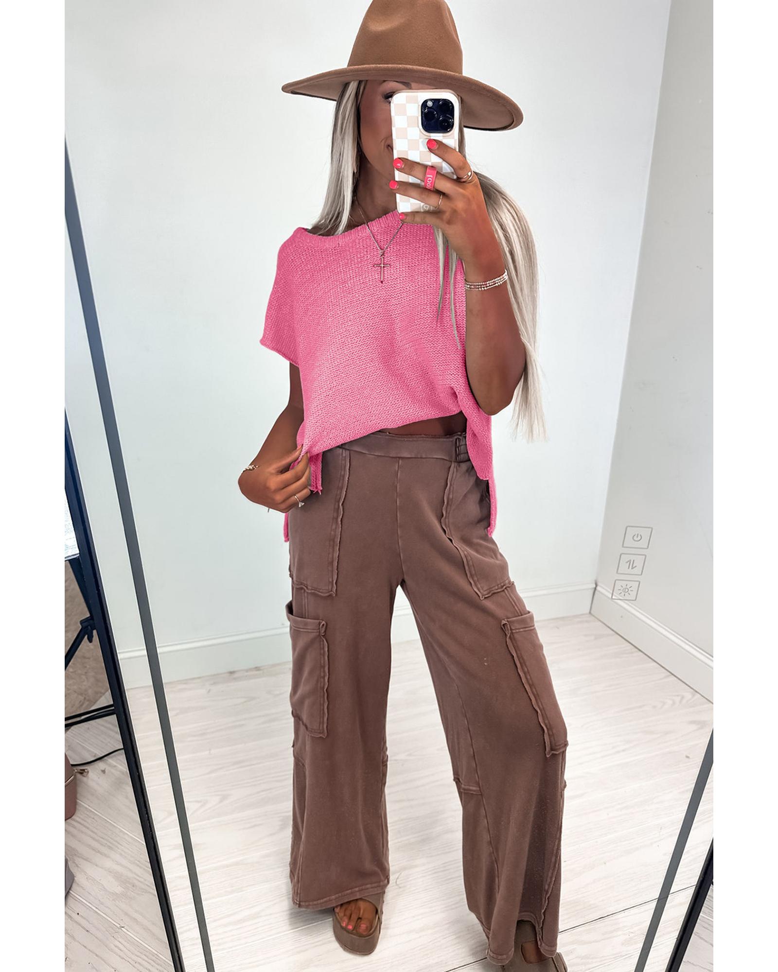 Sachet Pink Solid Color Sweater Tee with Side Slits - S