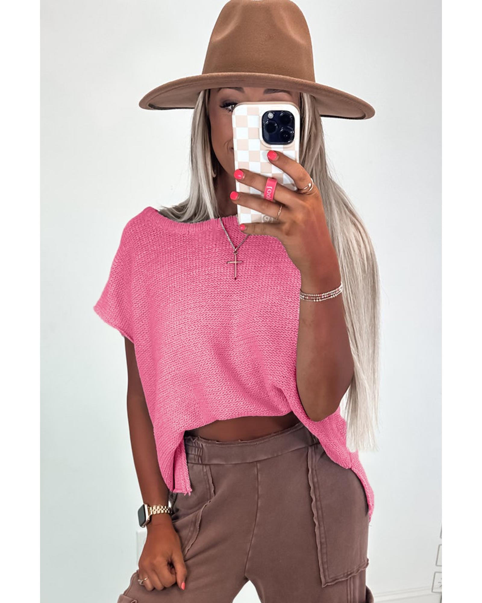 Sachet Pink Solid Color Sweater Tee with Side Slits - S