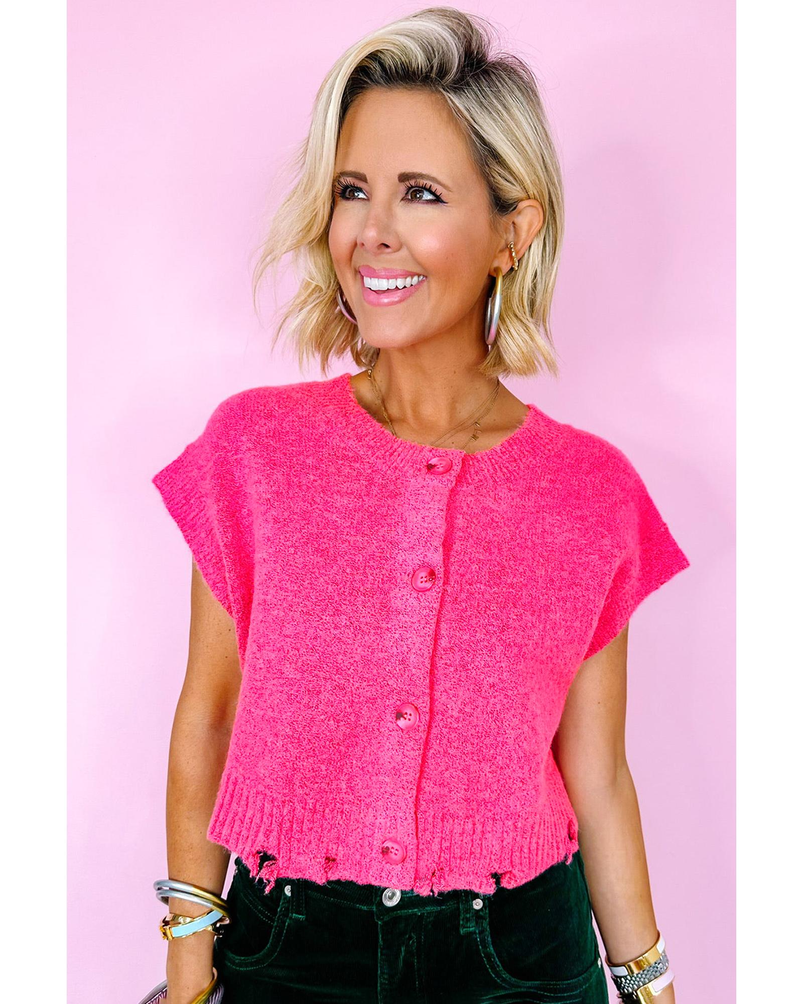 Bright Pink Distressed Hem Short Sleeve Knitted Button Front Sweater - L