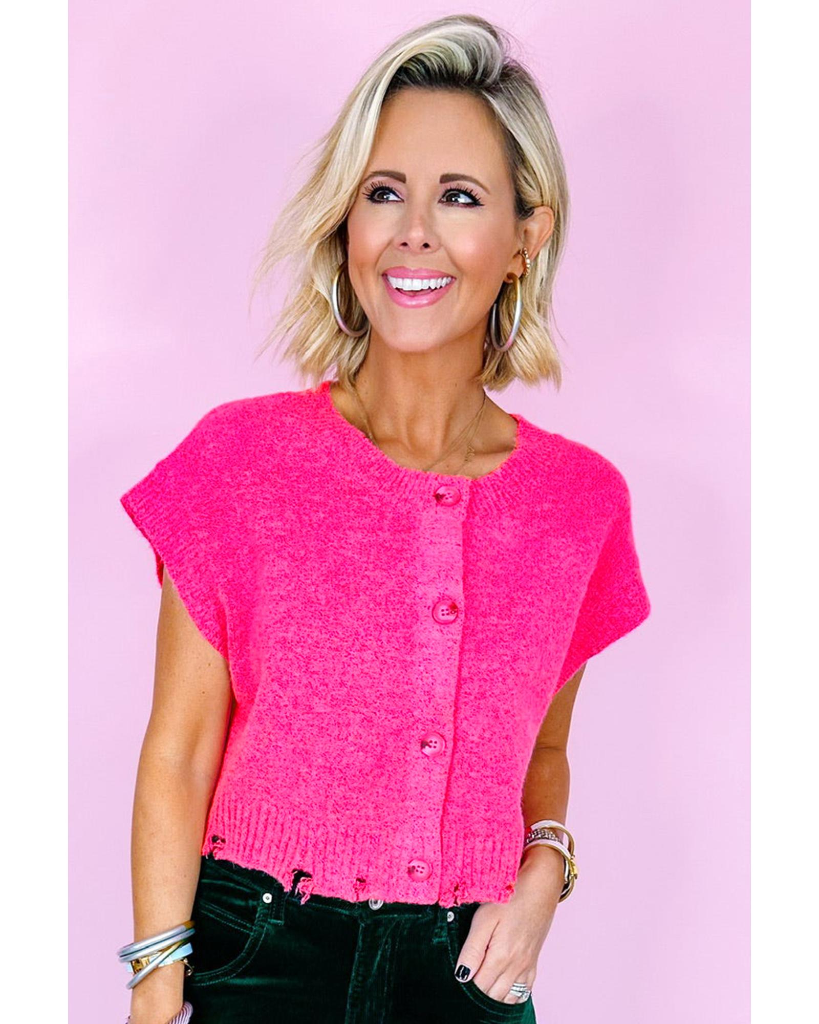 Bright Pink Distressed Hem Short Sleeve Knitted Button Front Sweater - L