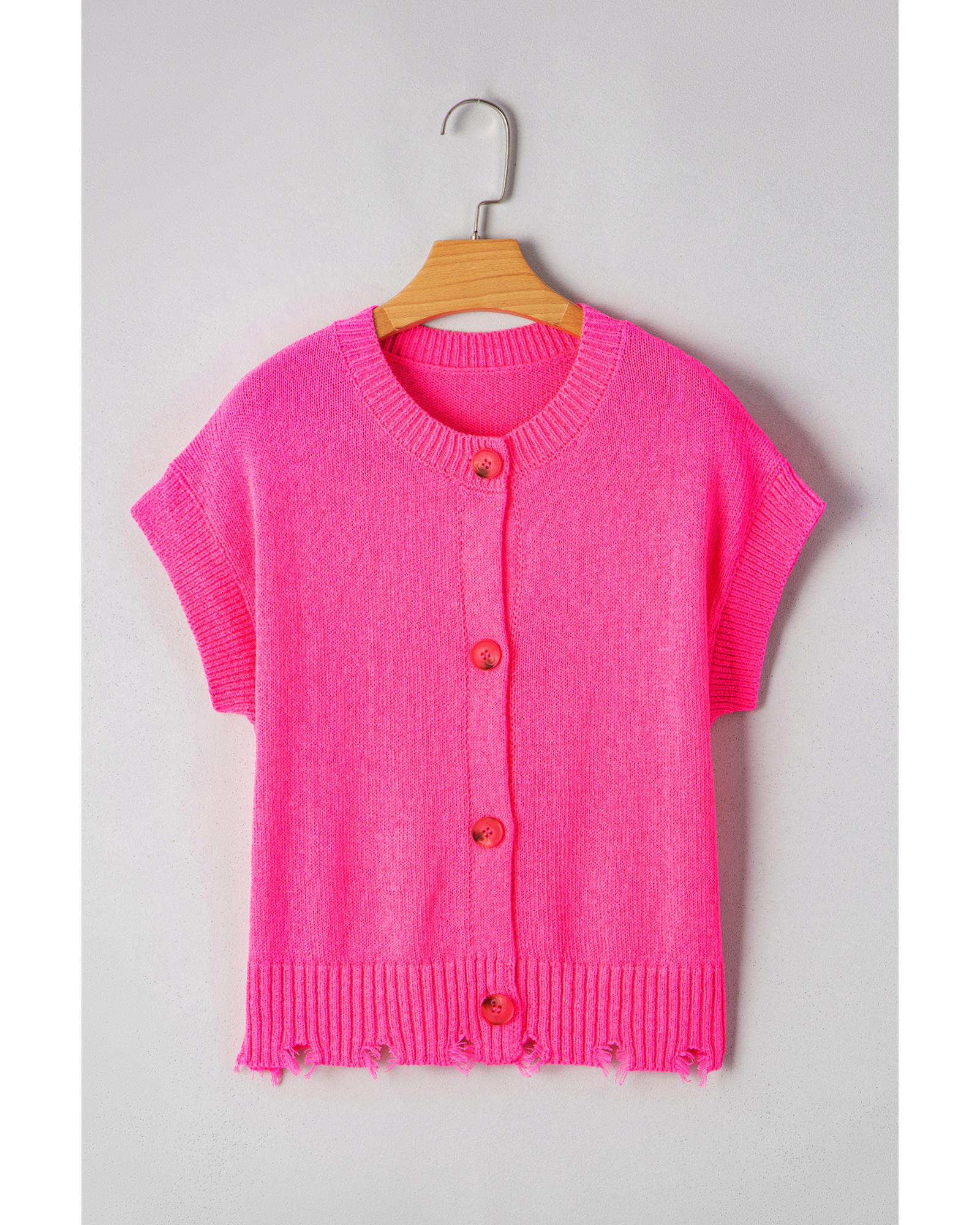 Bright Pink Distressed Hem Short Sleeve Knitted Button Front Sweater - L
