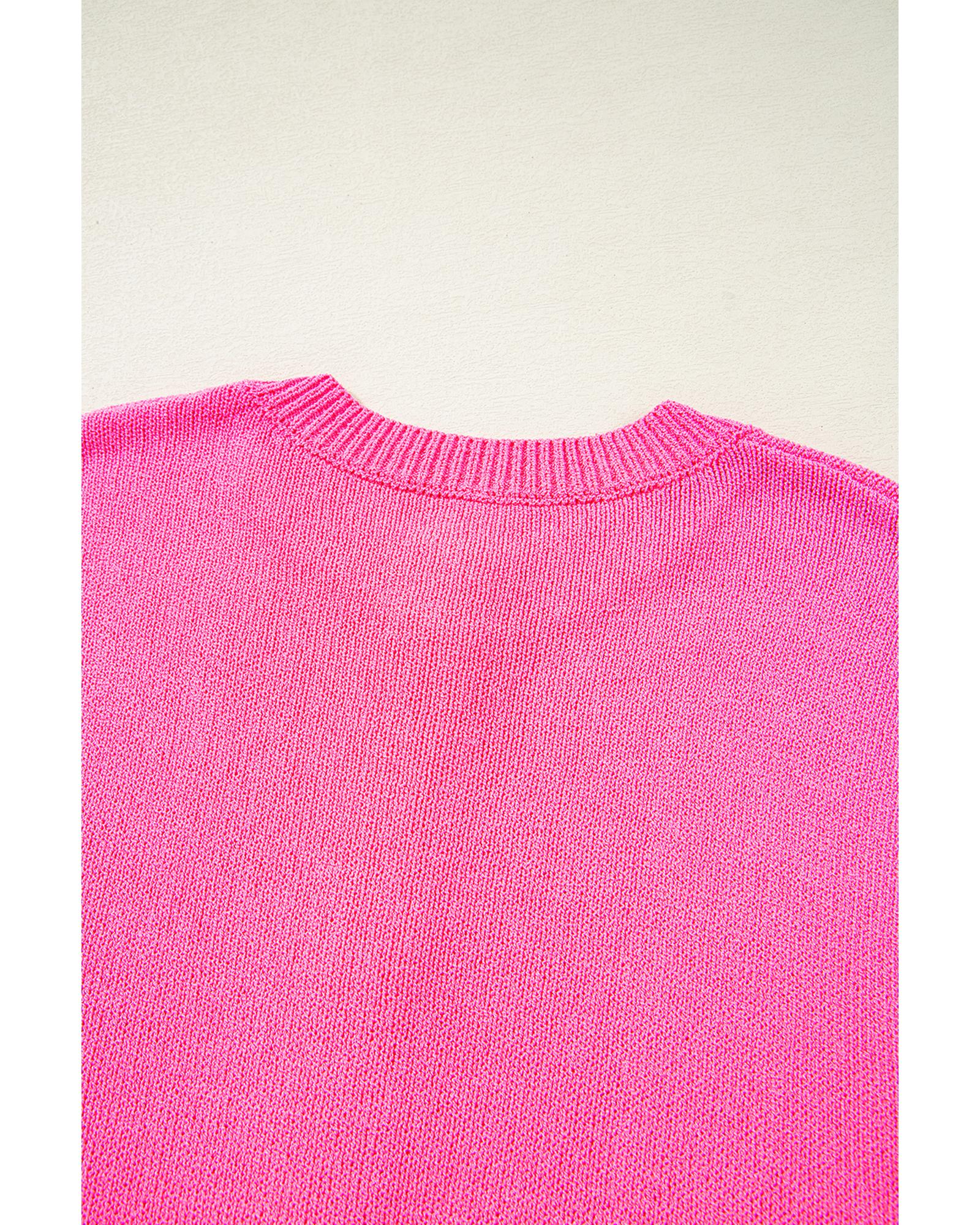 Bright Pink Distressed Hem Short Sleeve Knitted Button Front Sweater - L