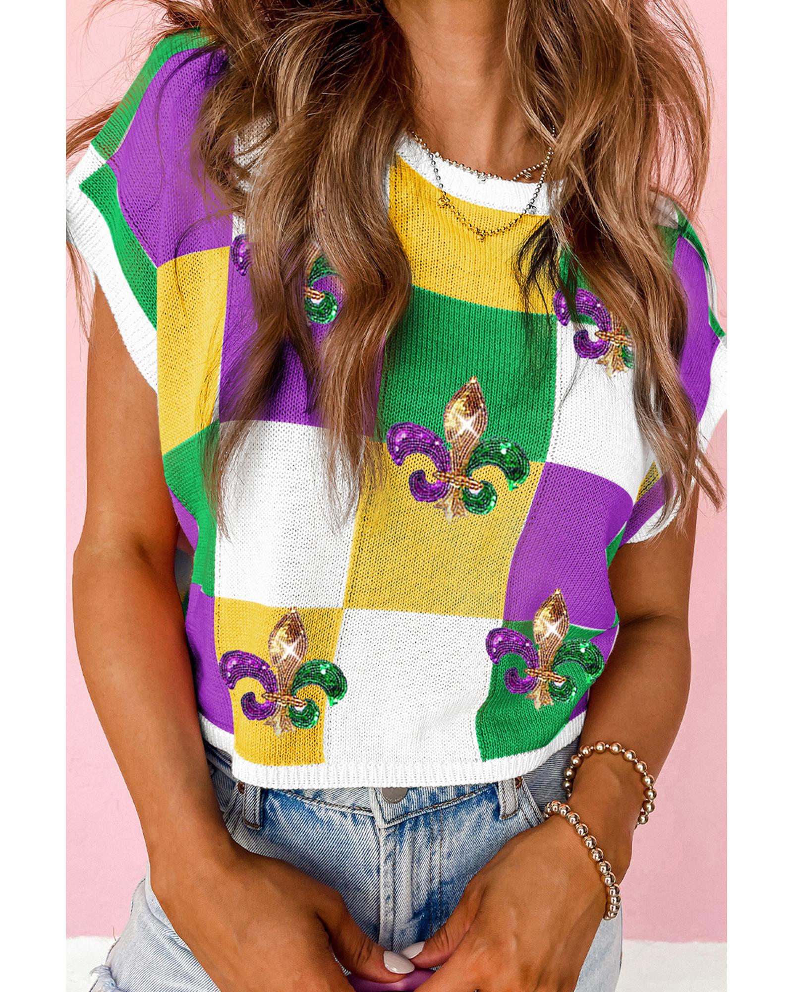 Tillandsia Purple Sequin Mardi Gras Fleur de Lis Color Block Sweater T Shirt - L