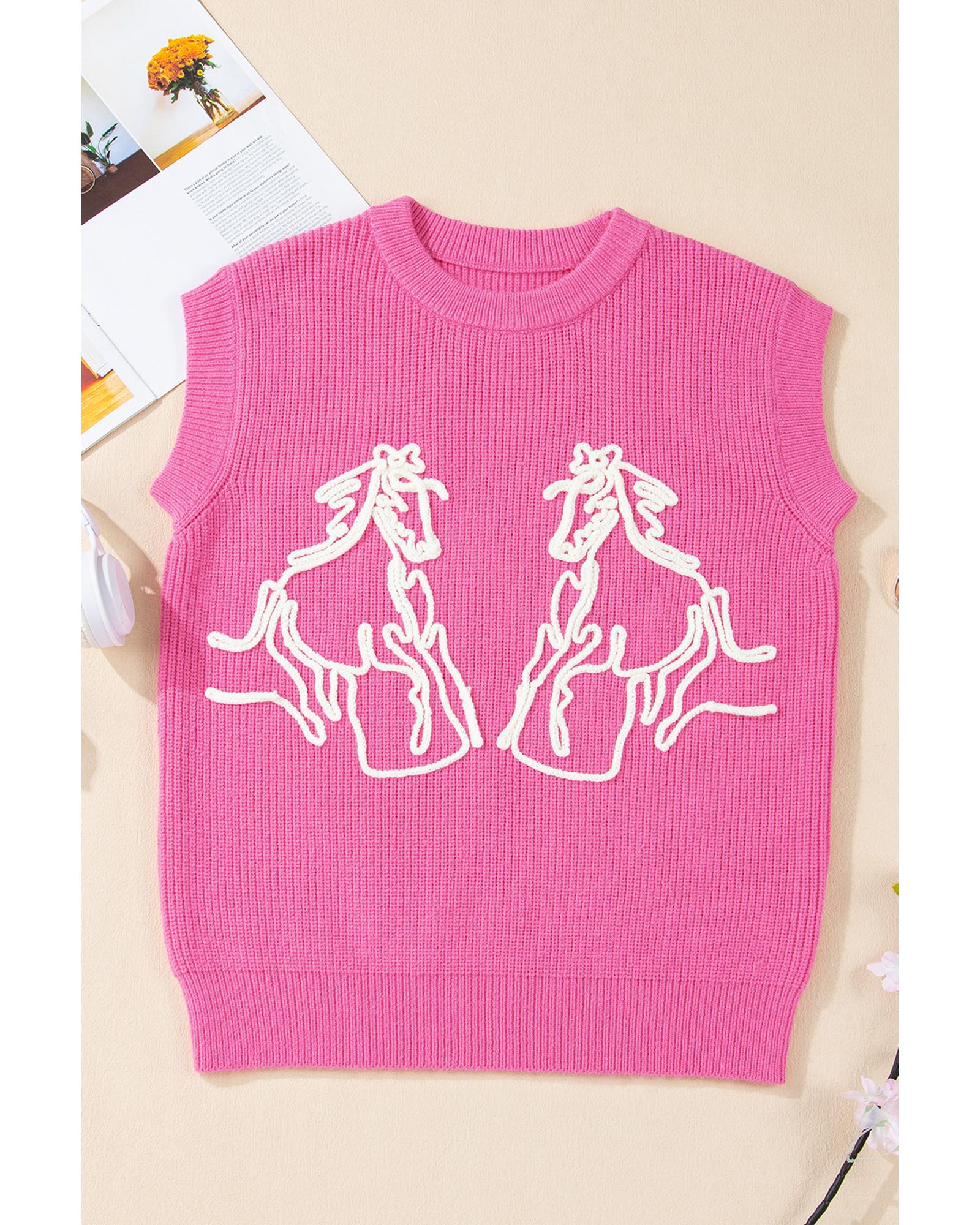 Bright Pink Western Horse Embroidered Round Neck Sweater Tee - S