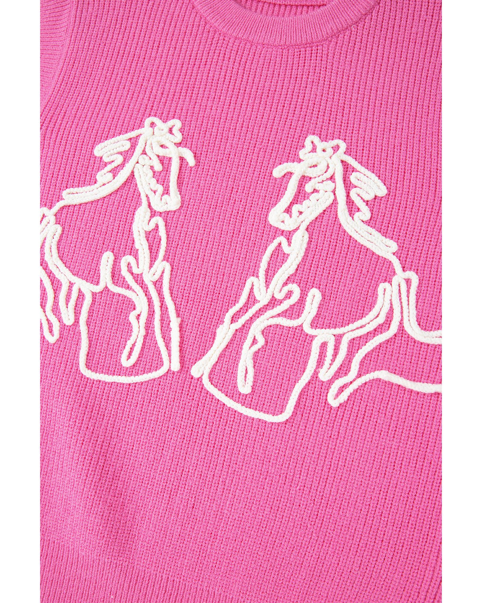 Bright Pink Western Horse Embroidered Round Neck Sweater Tee - S