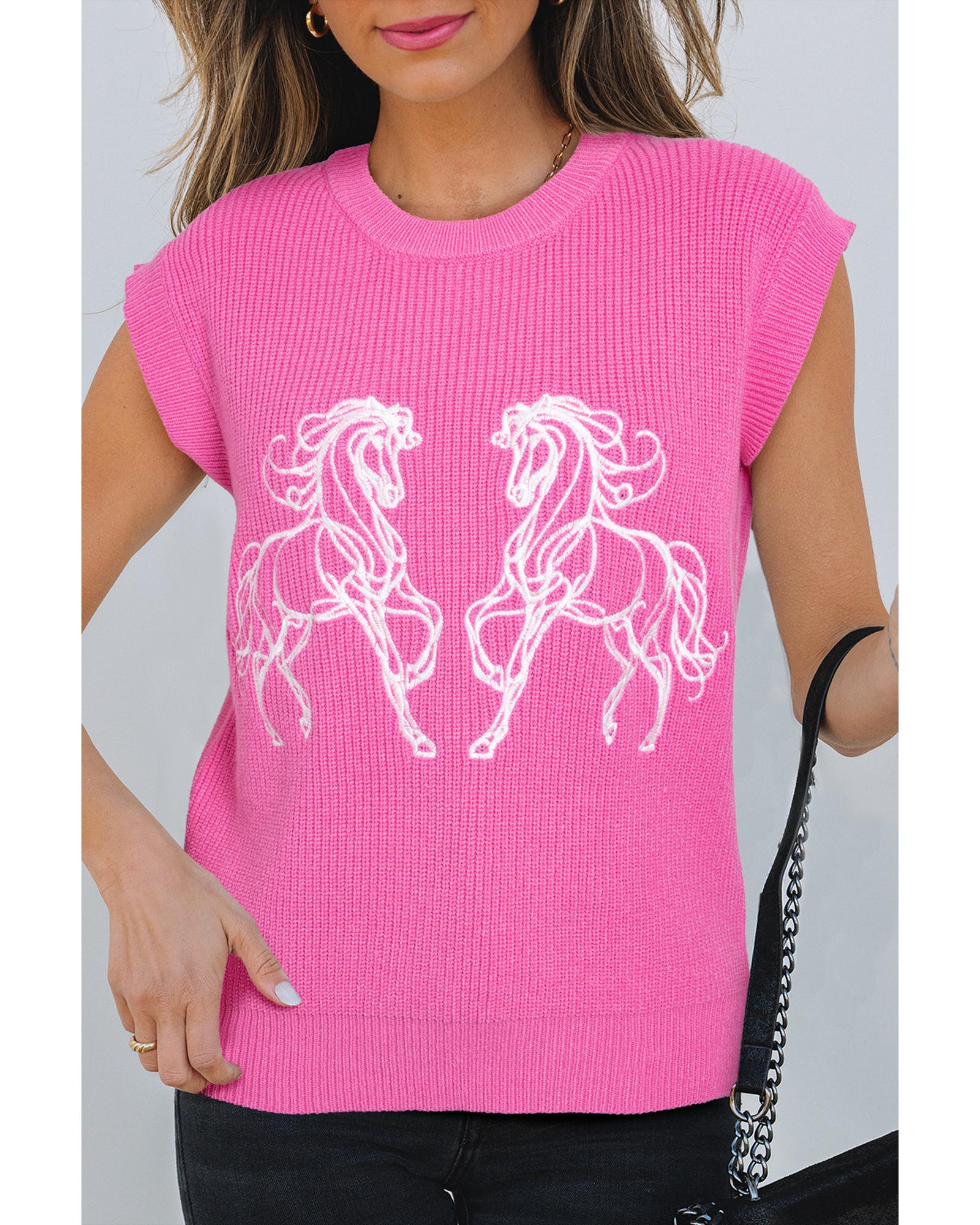 Sachet Pink Western Horse Embroidered Round Neck Sweater Tee - L