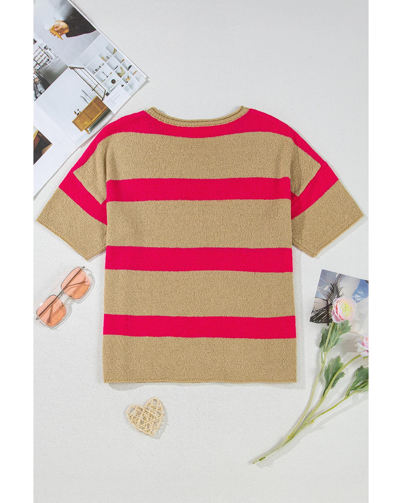 Pink Stripe Colorblock Short Sleeve Crew Neck Lightweight Sweater - M