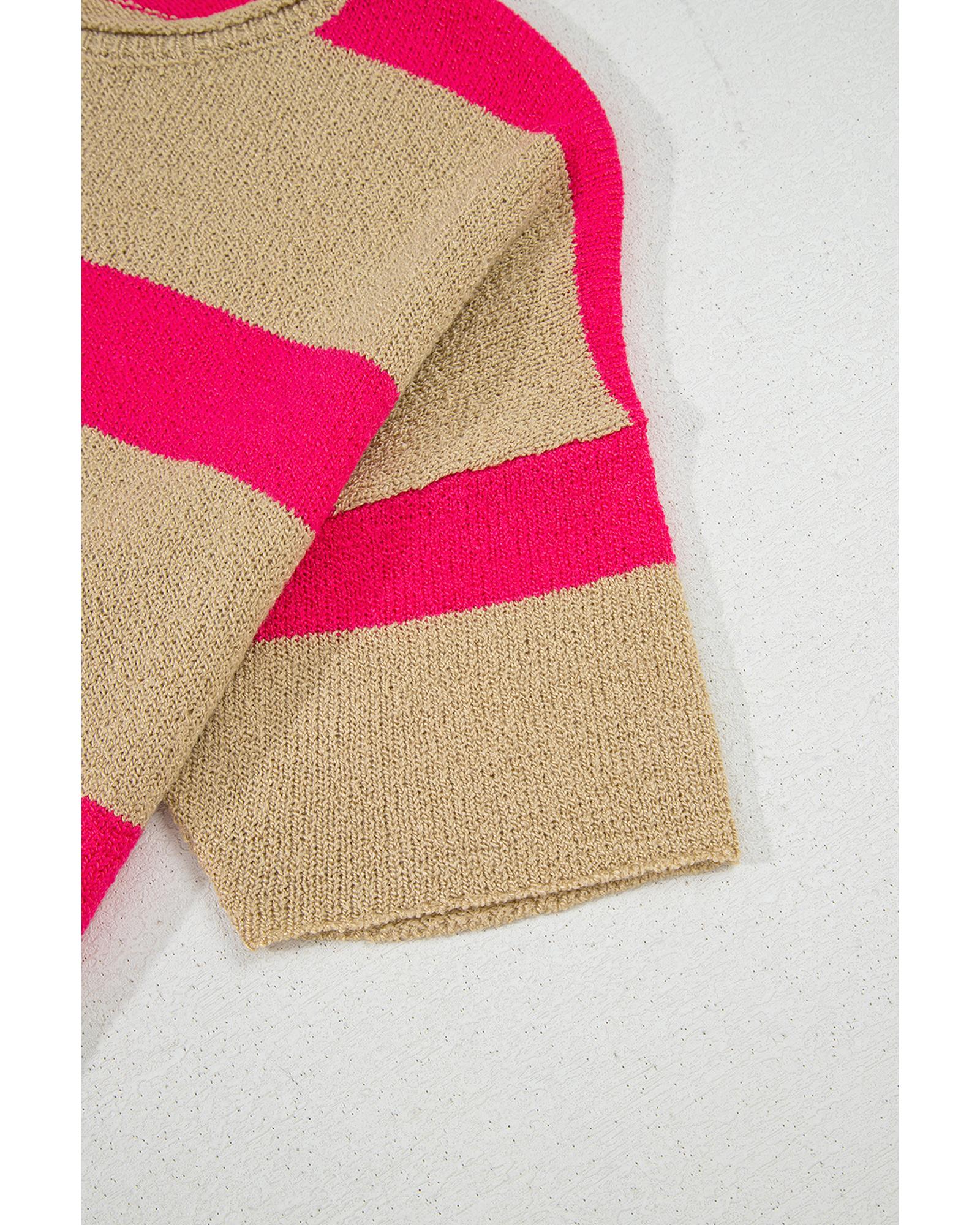 Pink Stripe Colorblock Short Sleeve Crew Neck Lightweight Sweater - S