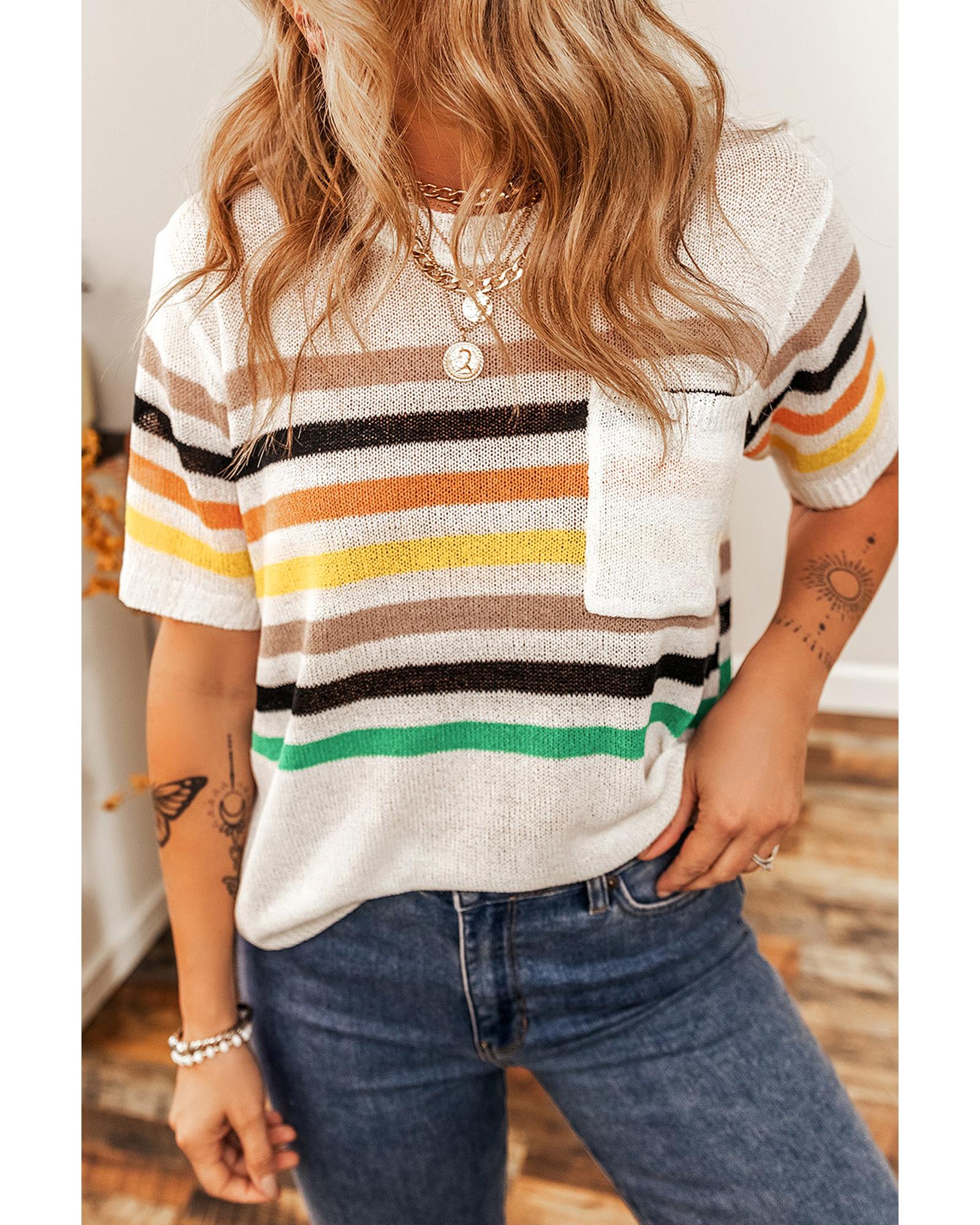 White Striped Pocketed Loose Fit Crewneck Knitted T Shirt - L