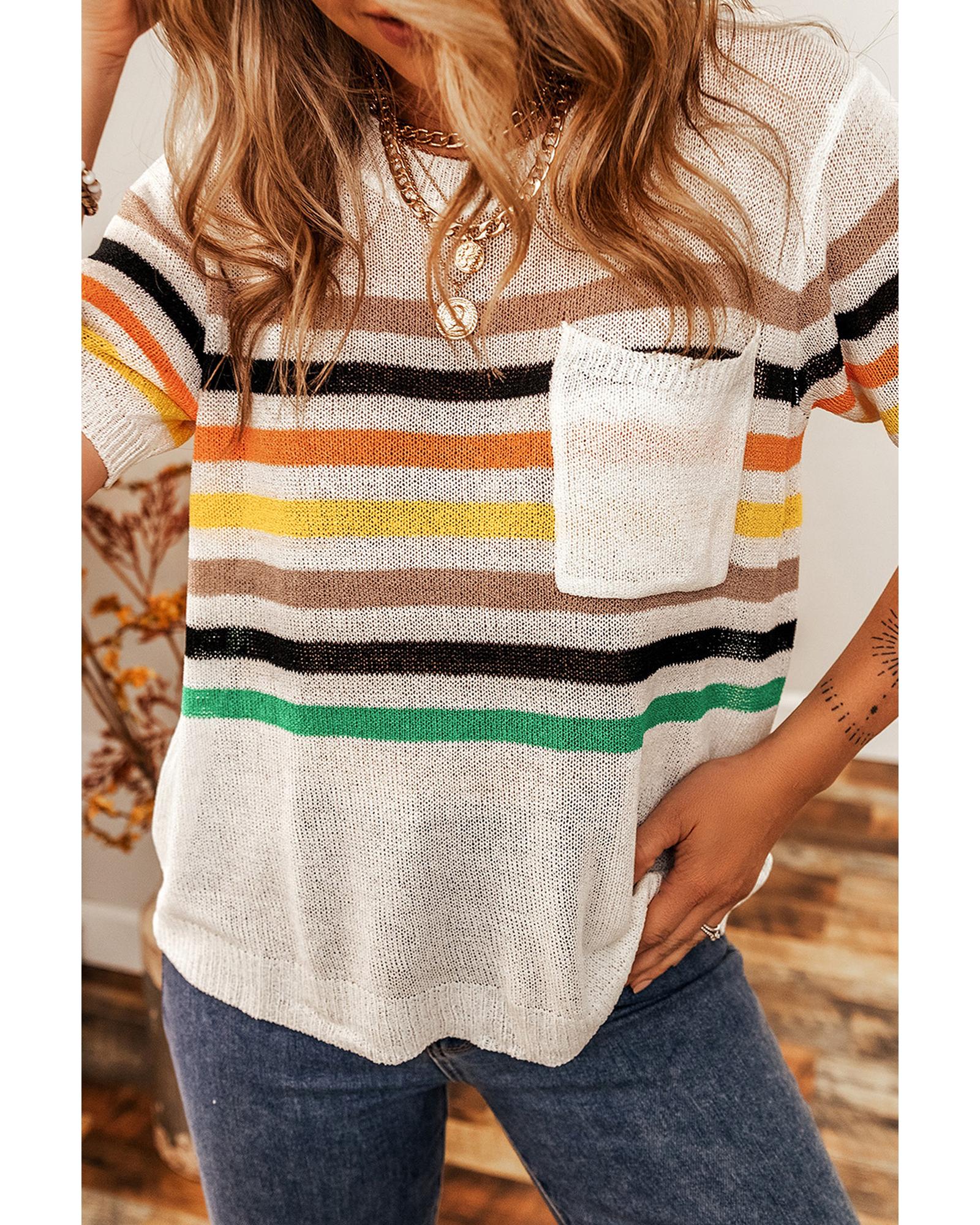 White Striped Pocketed Loose Fit Crewneck Knitted T Shirt - L