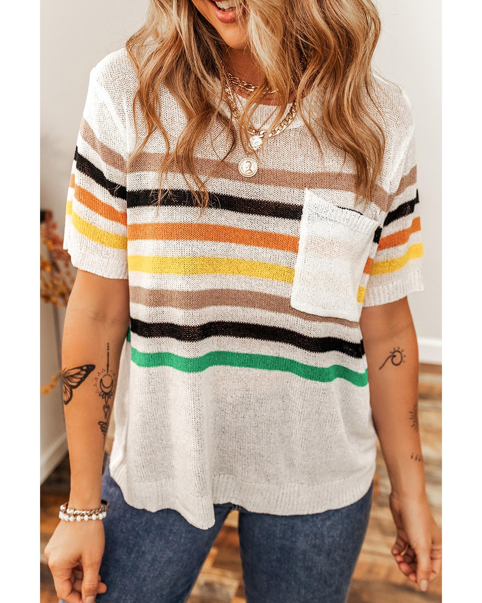 White Striped Pocketed Loose Fit Crewneck Knitted T Shirt - M