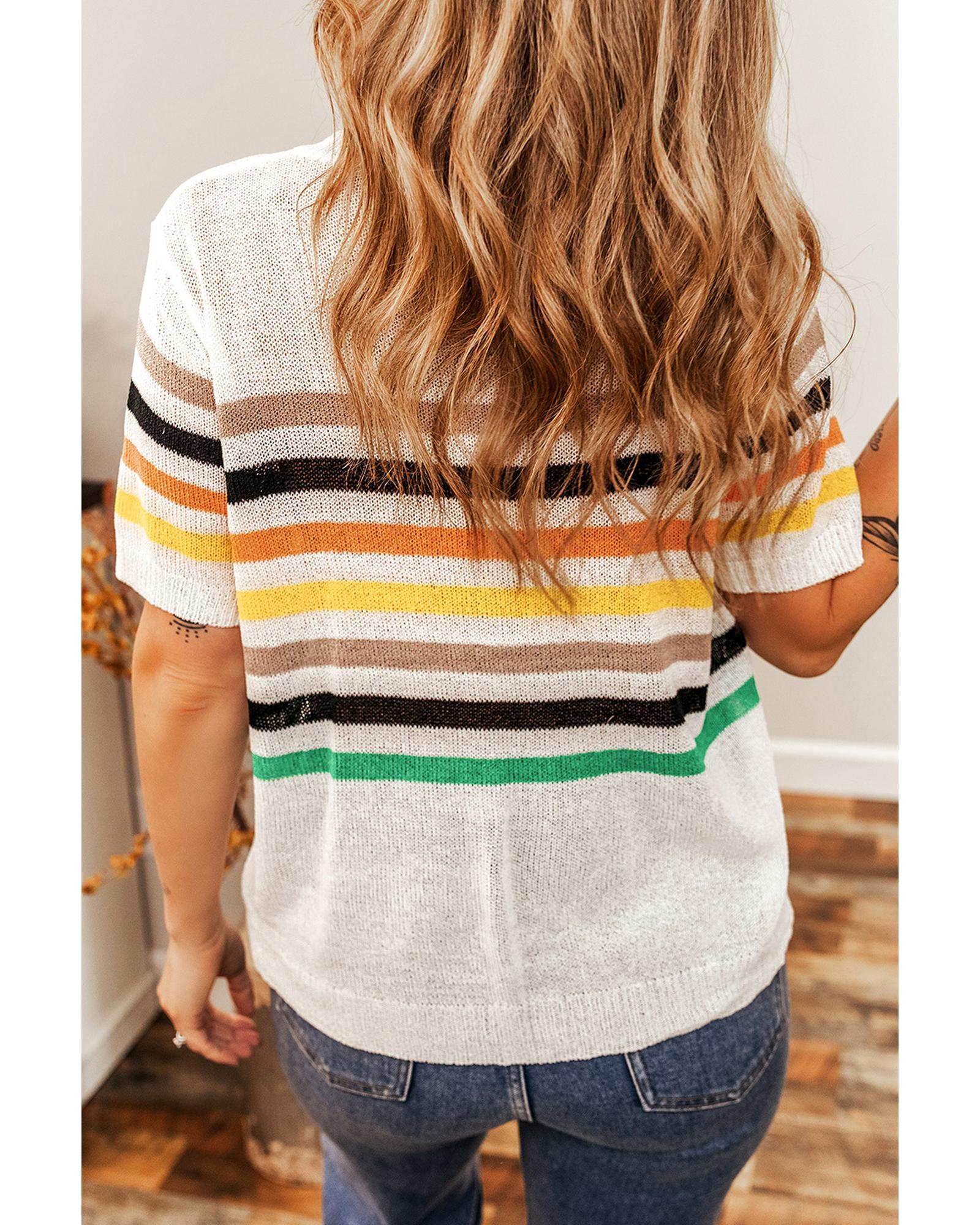 White Striped Pocketed Loose Fit Crewneck Knitted T Shirt - M