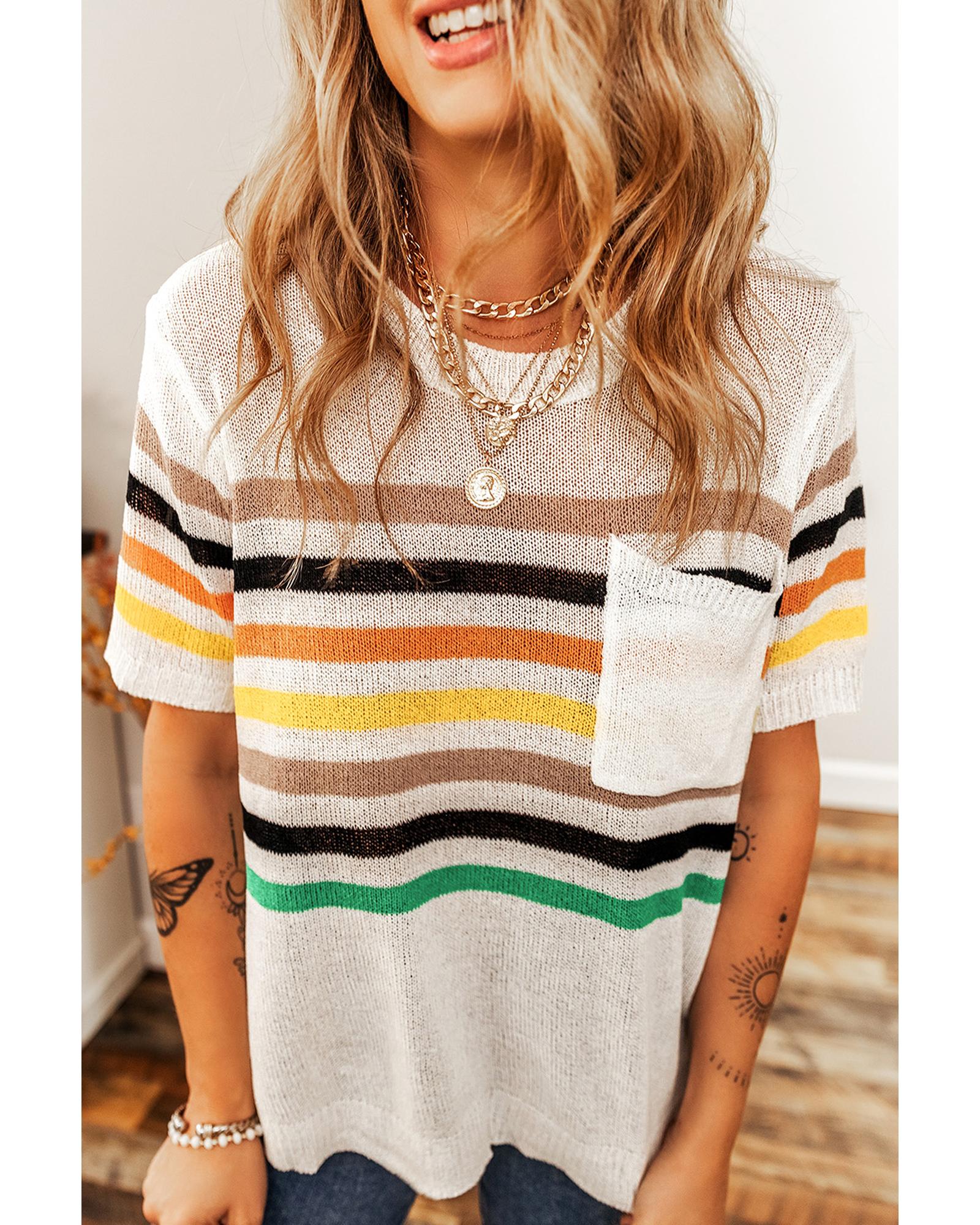 White Striped Pocketed Loose Fit Crewneck Knitted T Shirt - M