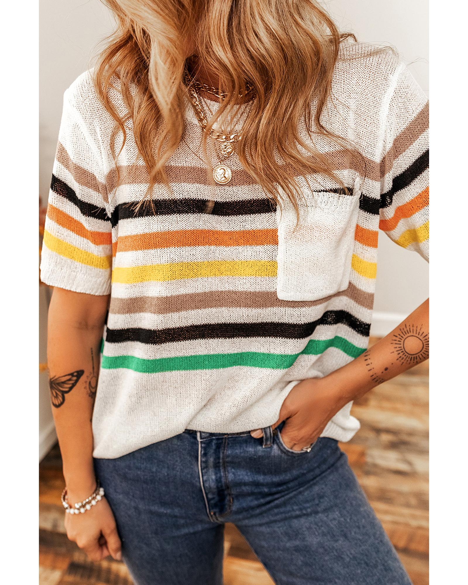 White Striped Pocketed Loose Fit Crewneck Knitted T Shirt - M