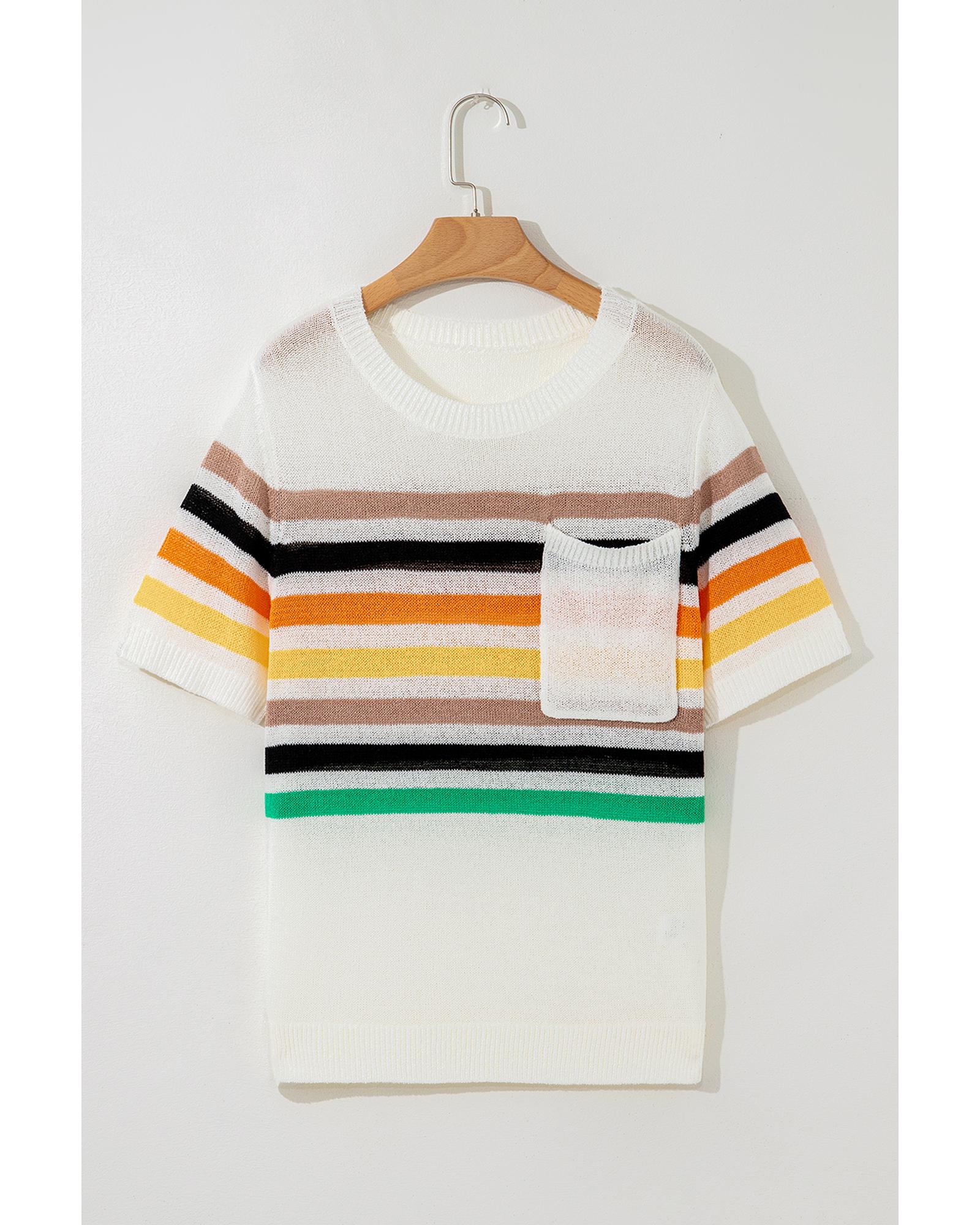 White Striped Pocketed Loose Fit Crewneck Knitted T Shirt - M
