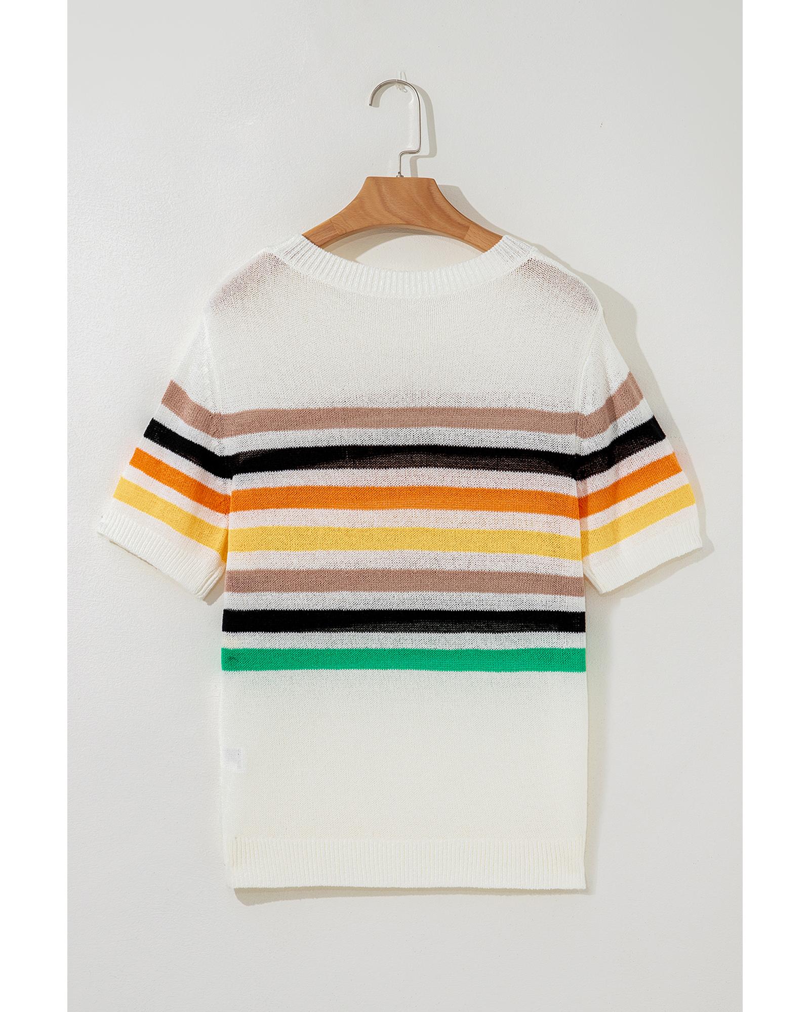 White Striped Pocketed Loose Fit Crewneck Knitted T Shirt - M