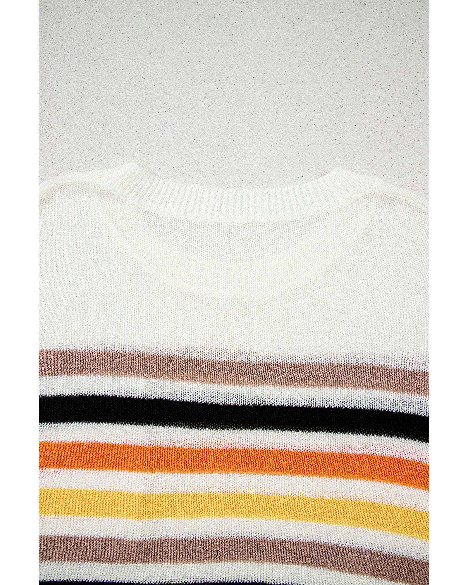 White Striped Pocketed Loose Fit Crewneck Knitted T Shirt - M
