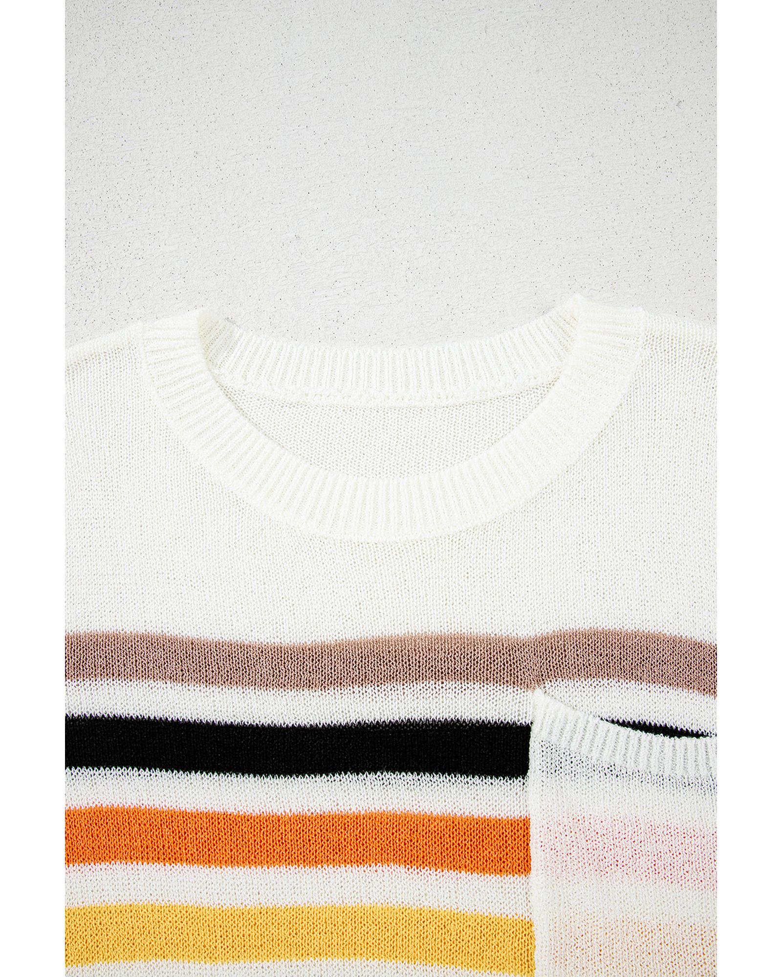 White Striped Pocketed Loose Fit Crewneck Knitted T Shirt - M