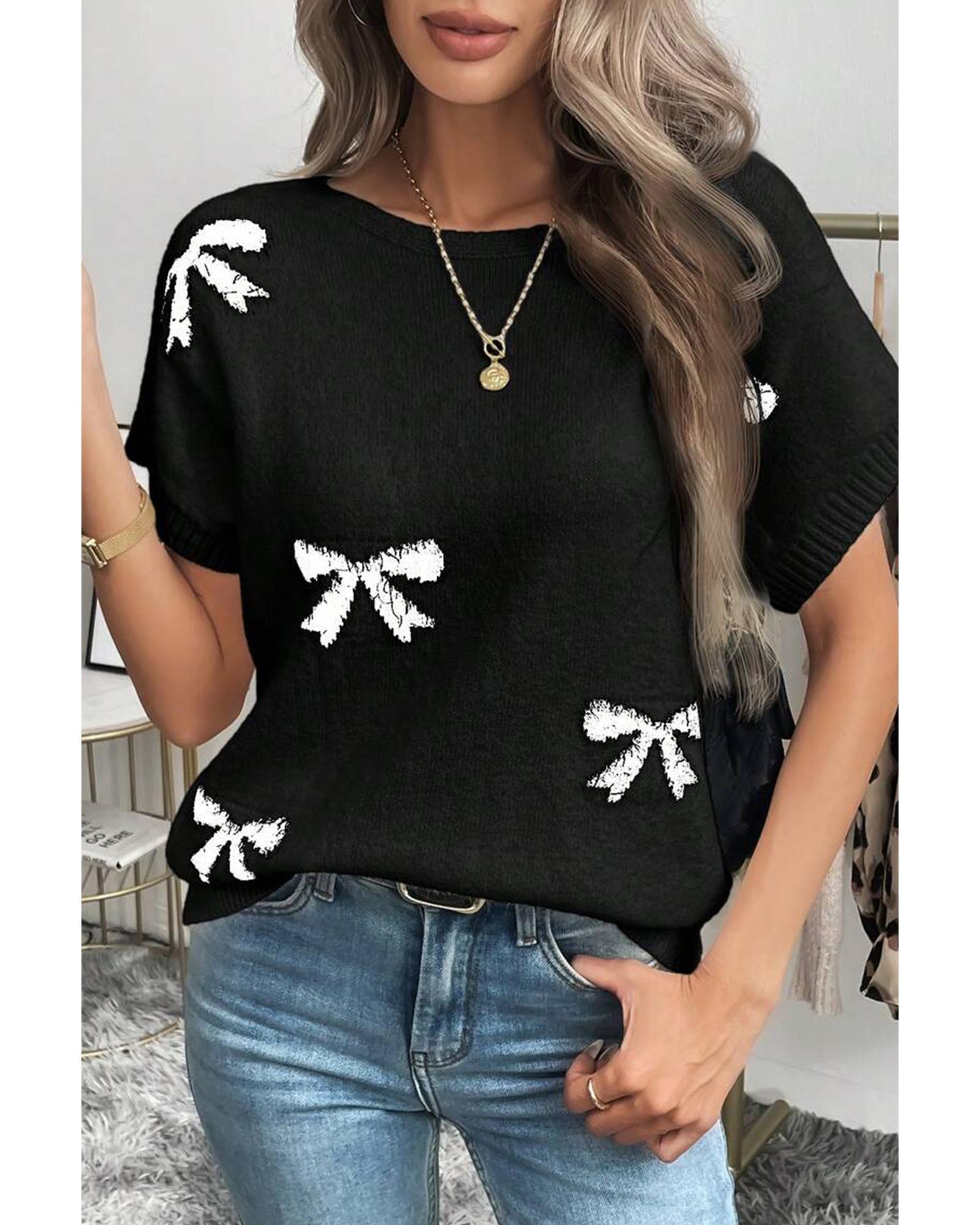 Black Bow Pattern Knit Short Sleeve Sweater - S