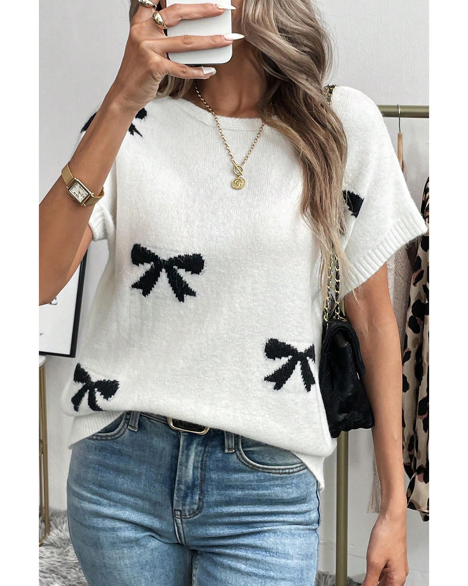 Black Bow Pattern Knit Short Sleeve Sweater - L